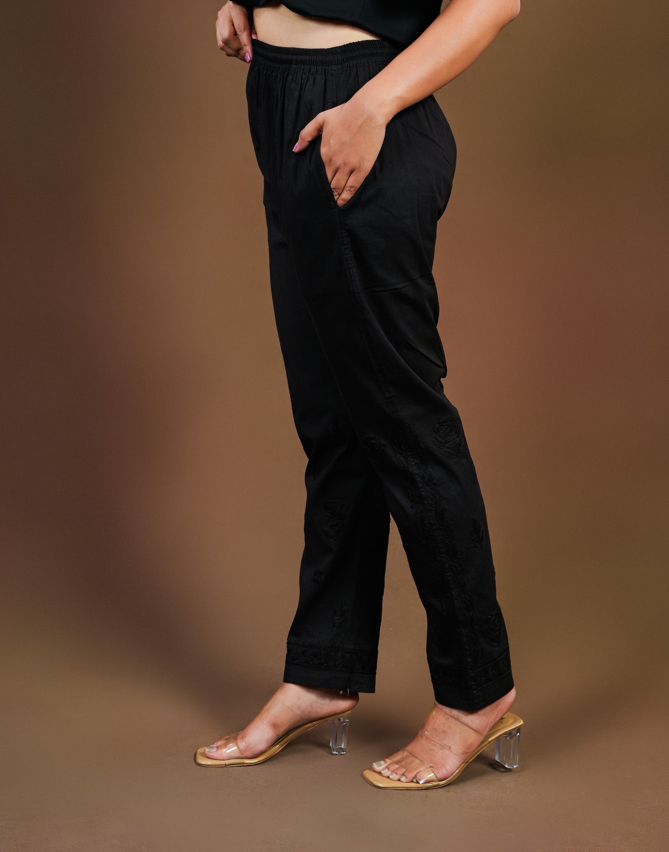 Urviya Chikankari Cotton Cigarette Black Pant