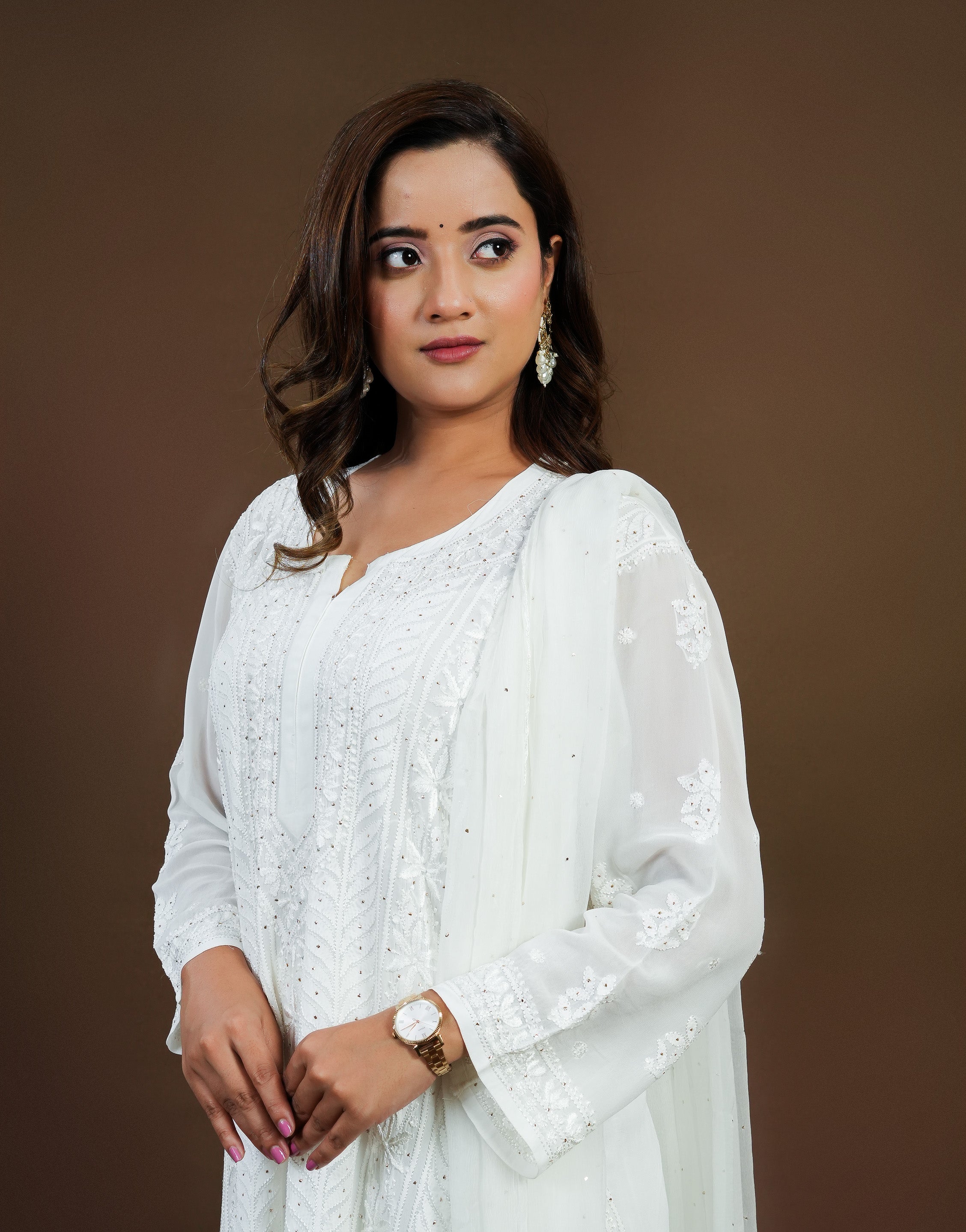 Urviya Chikankari Georgette 3 Piece set with Mukaish Work White