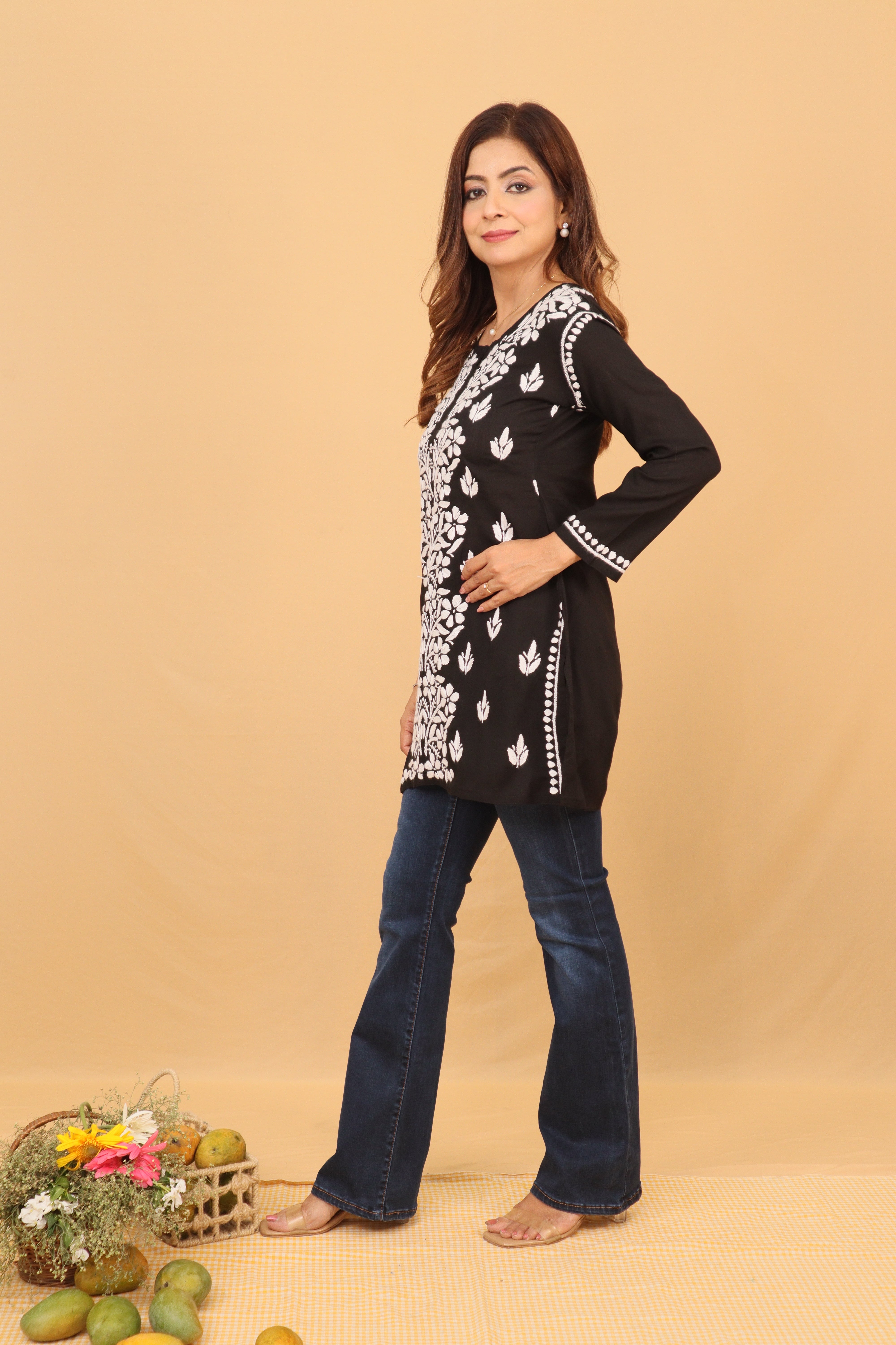 Black Rayon Short Kurta Panel 2 Piece Set