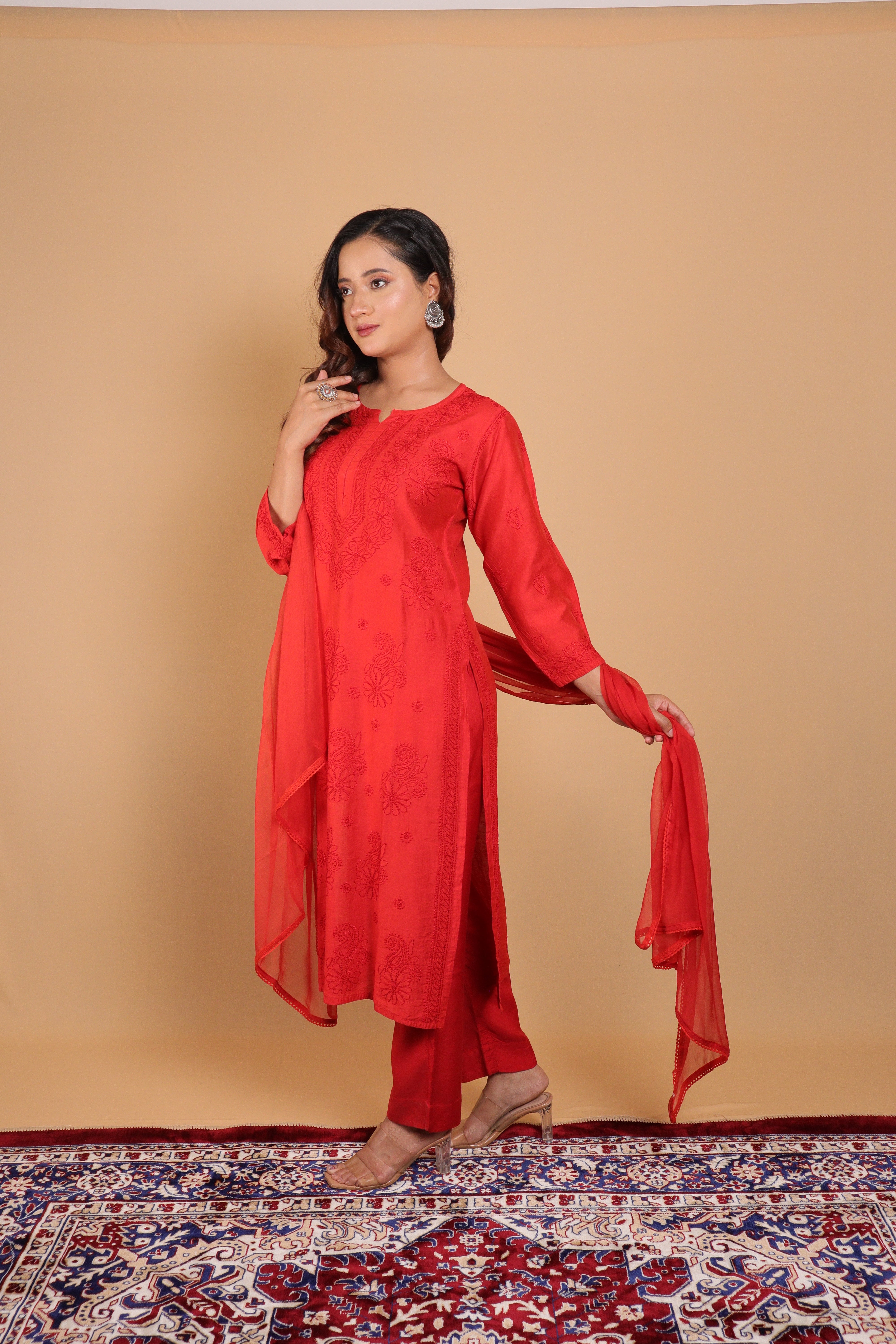 Red Chanderi Long Kurti 3 Piece Set