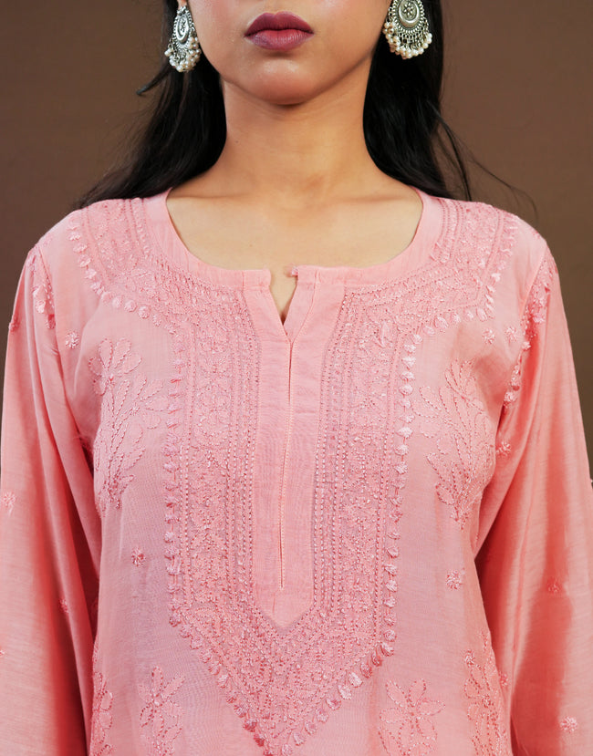 Urviya Chikankari Muslin Long Kurti - Ghaspatti Gala Bakhiya Boota Peach