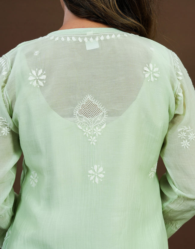 Urviya Chikankari Mul Chanderi Long Kurti – Nyra Cut with Jaali Boota Green