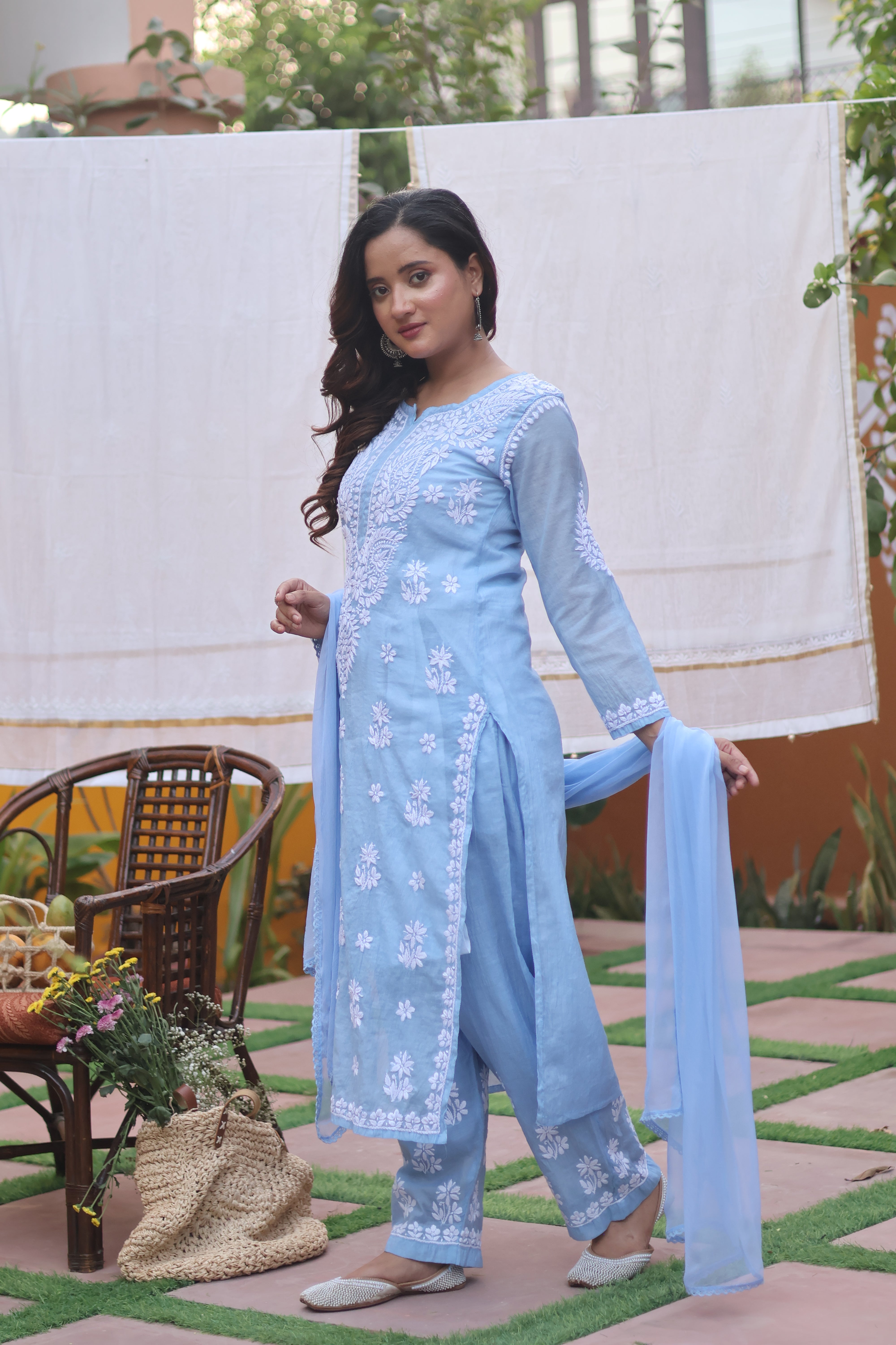 Blue Mul Chanderi Ghaspatti 3 Piece Set