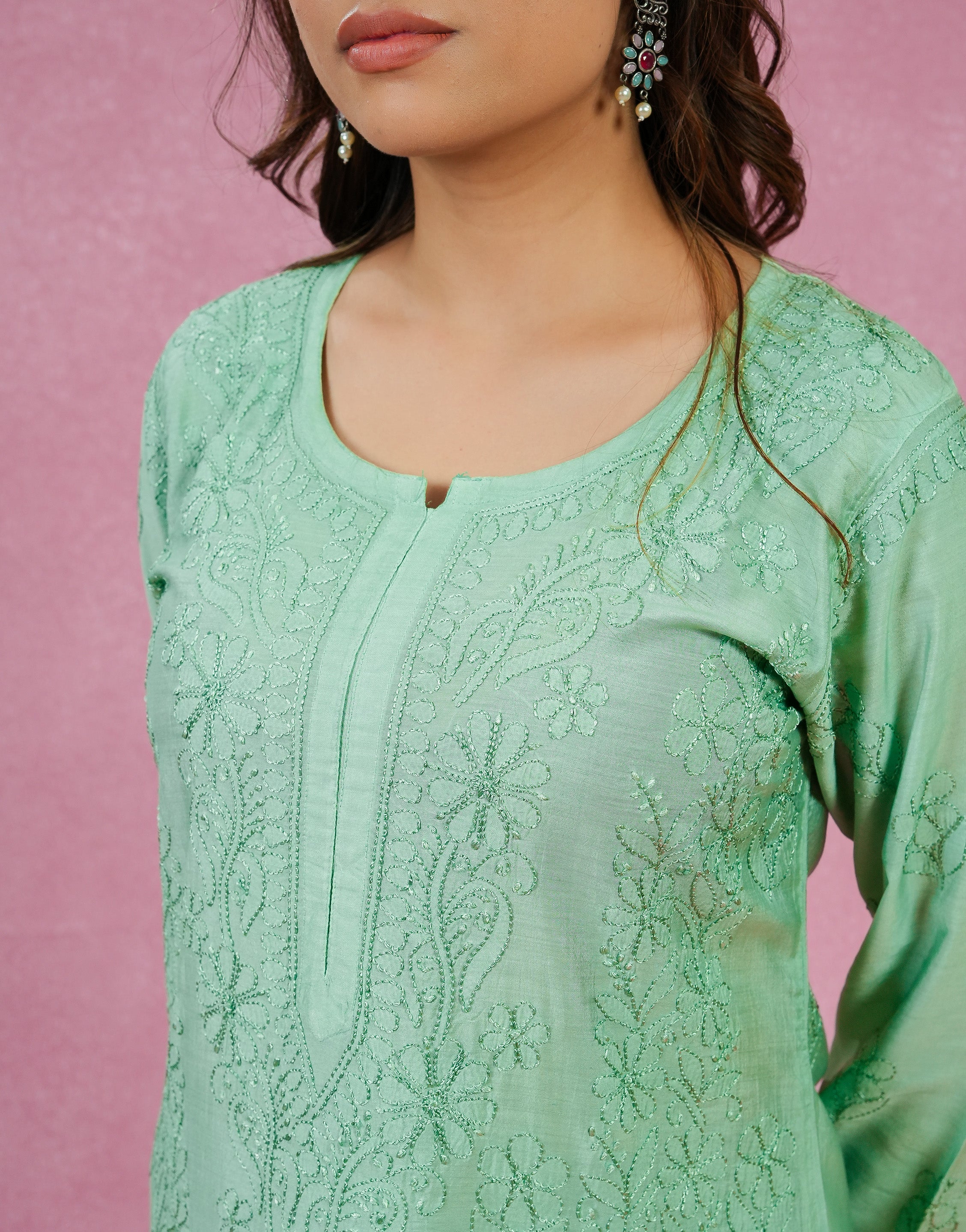 Urviya Green Chikankari Chanderi Suit Set (2 pc)