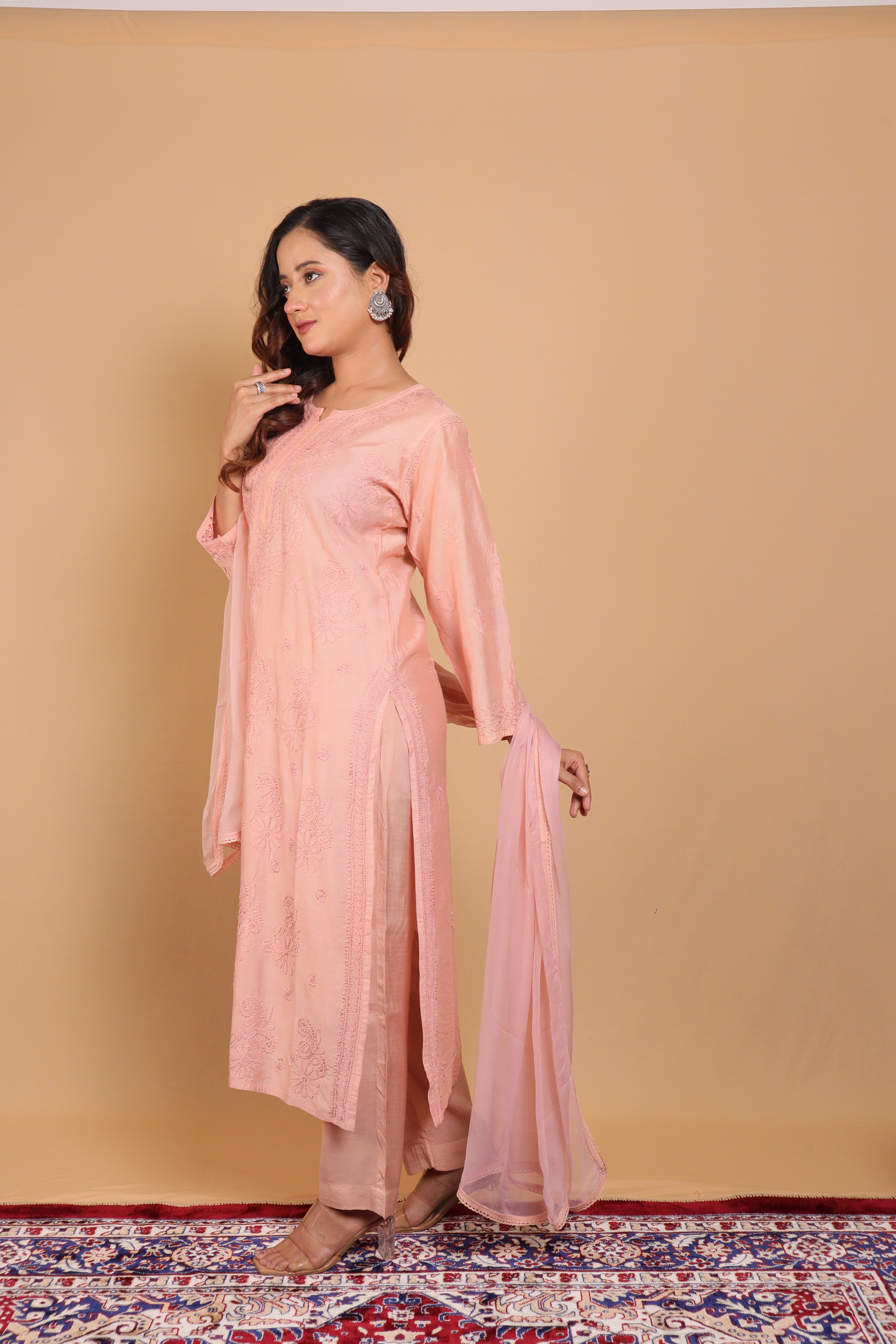 Peach Chanderi Long Kurti 2 Piece Set