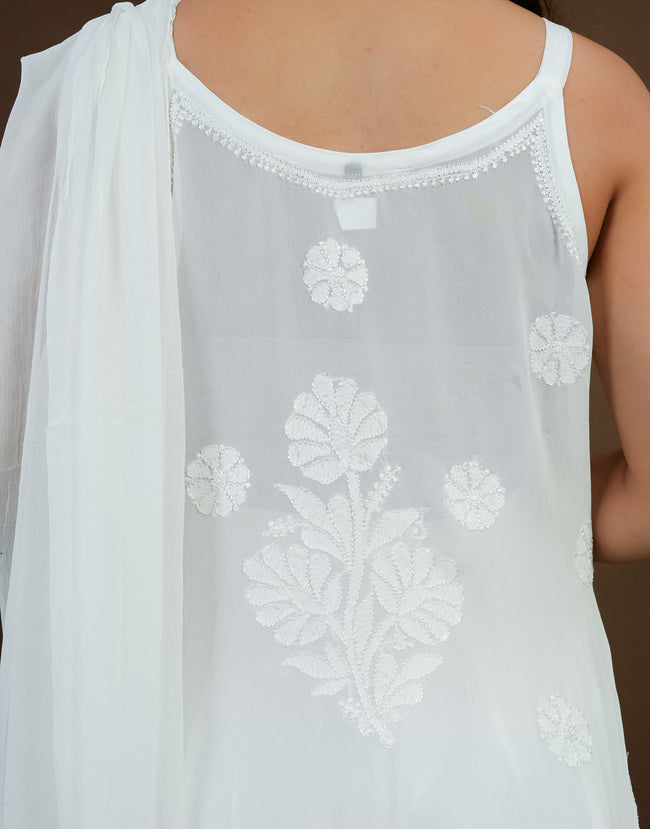 Urviya Chikankari Georgette 3 piece set - Long Spaghetti White