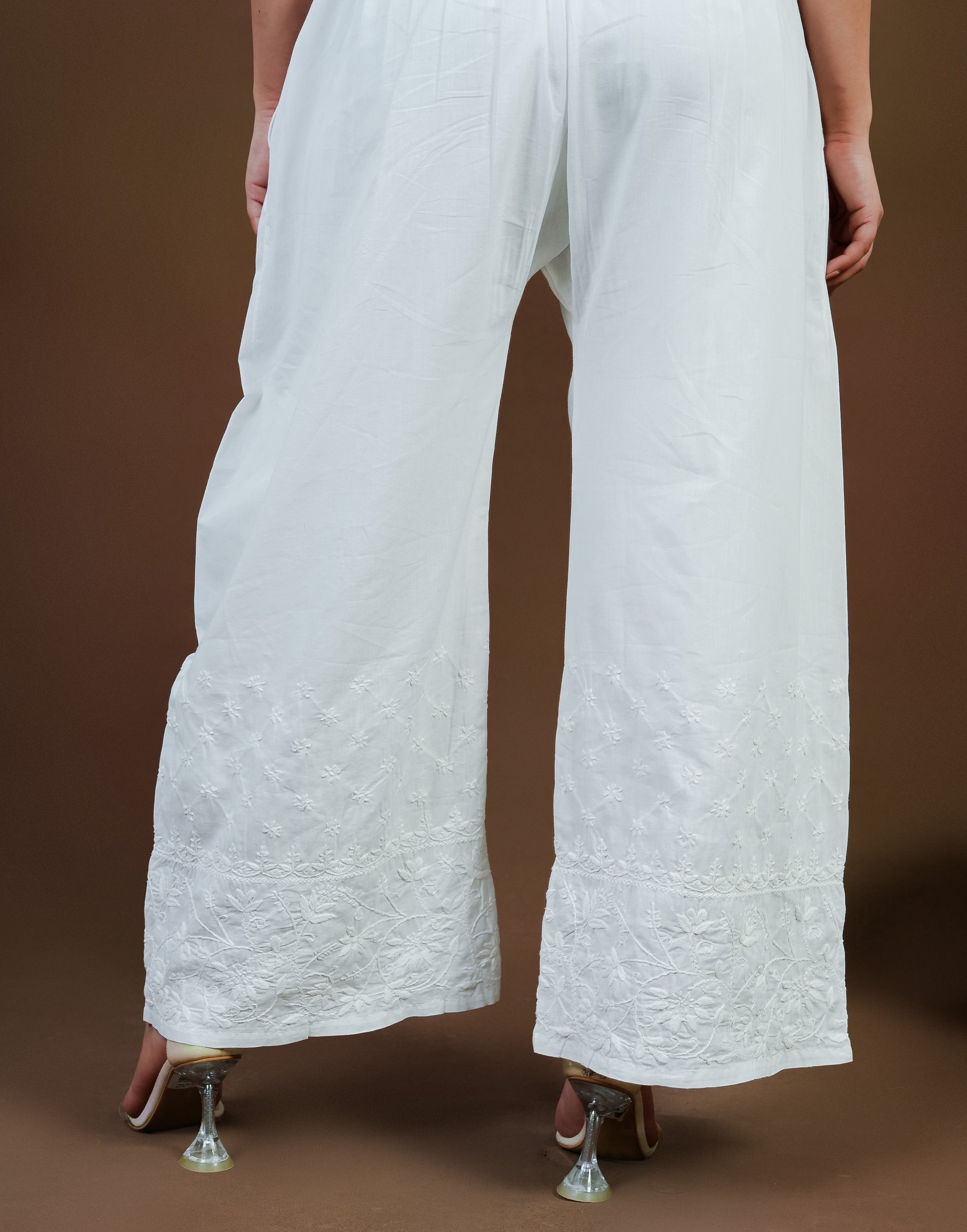 Urviya Chikankari Cotton Bottoms - Pallazo White