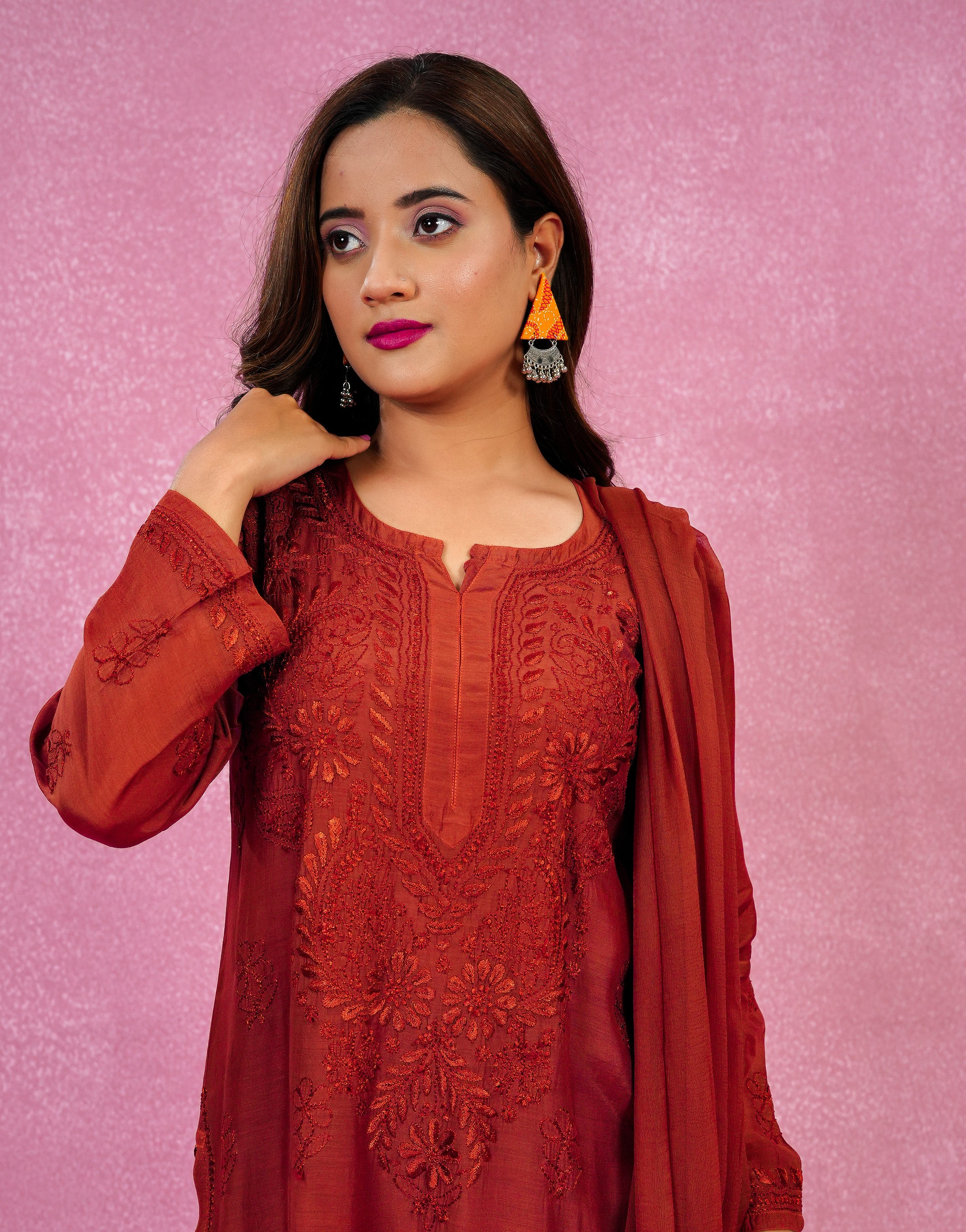 Urviya Chikankari Muslin 3 piece set - Bakhiya Ghaaspatti Work and Gala Boota Brown