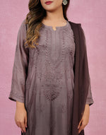 Urviya Chikankari Muslin 3 piece set - Bakhiya Ghaaspatti Work and Gala Boota Brown
