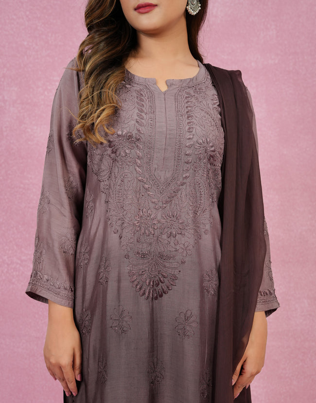 Urviya Chikankari Muslin 3 piece set - Bakhiya Ghaaspatti Work and Gala Boota Brown