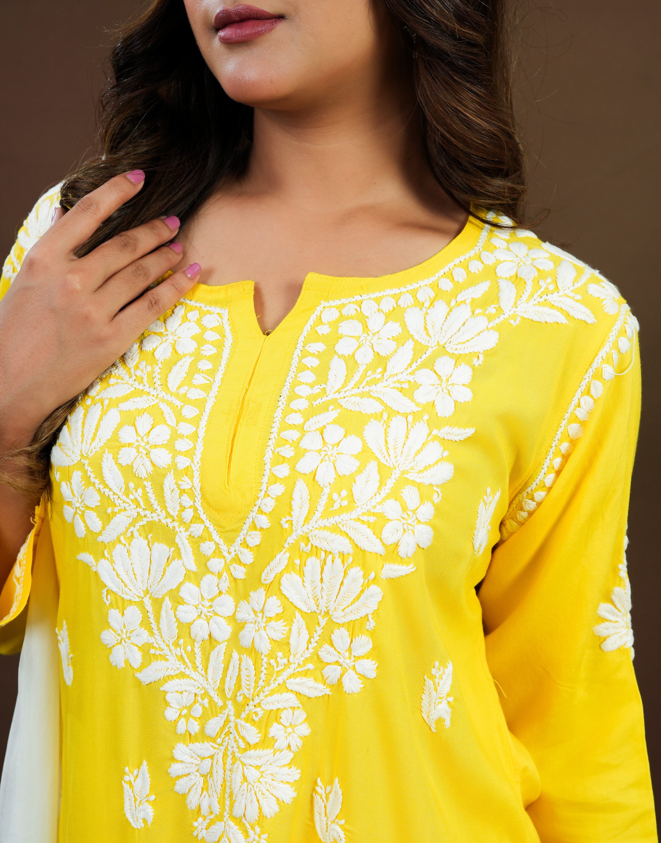 Chikankari Rayon Short Kurti - Yellow