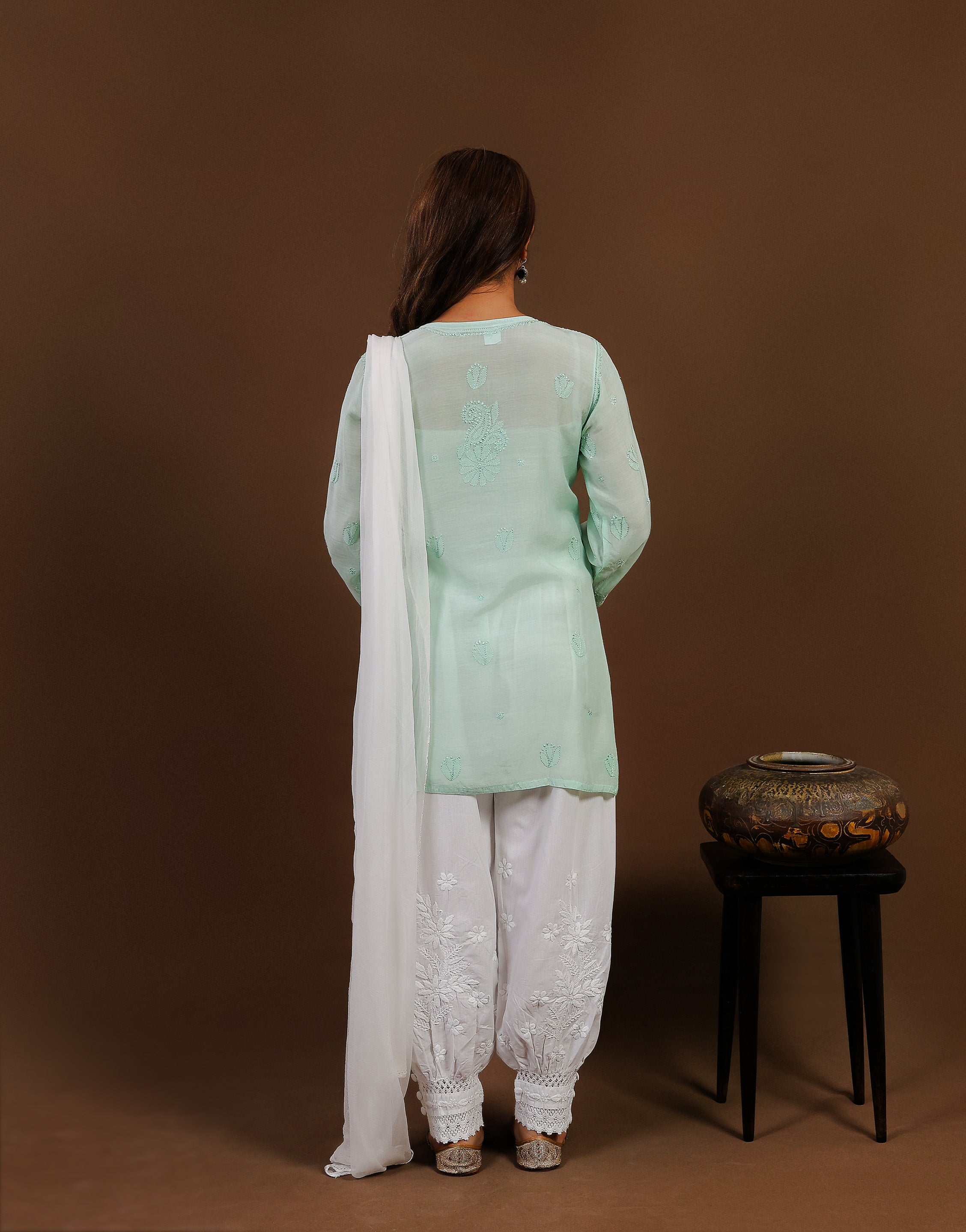 Sea Blue Muslin Chikankari Short Kurti with Full Jaal Work
