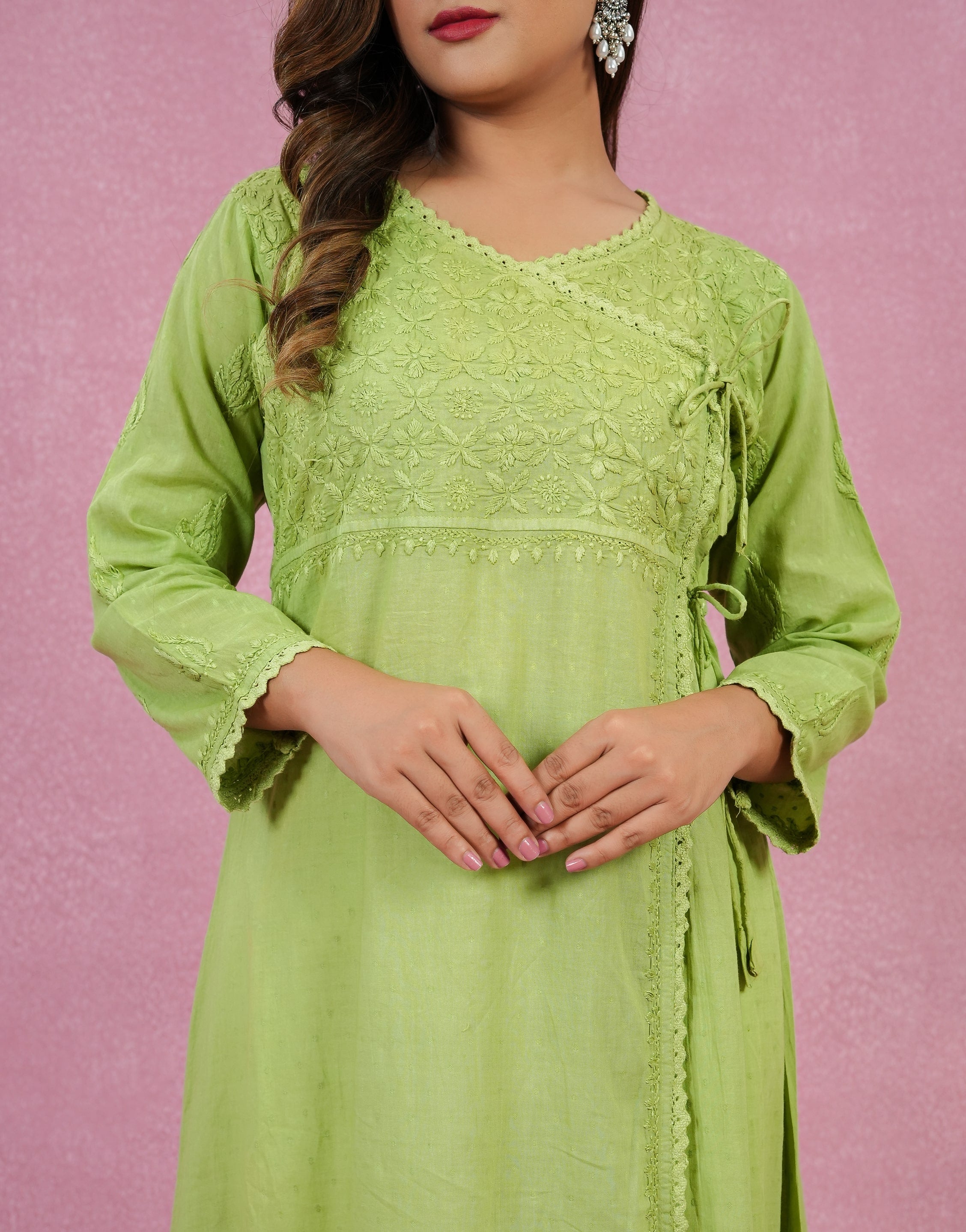 Urviya Chikankari Dobbie Cotton Long Kurti Angarkha Style Green