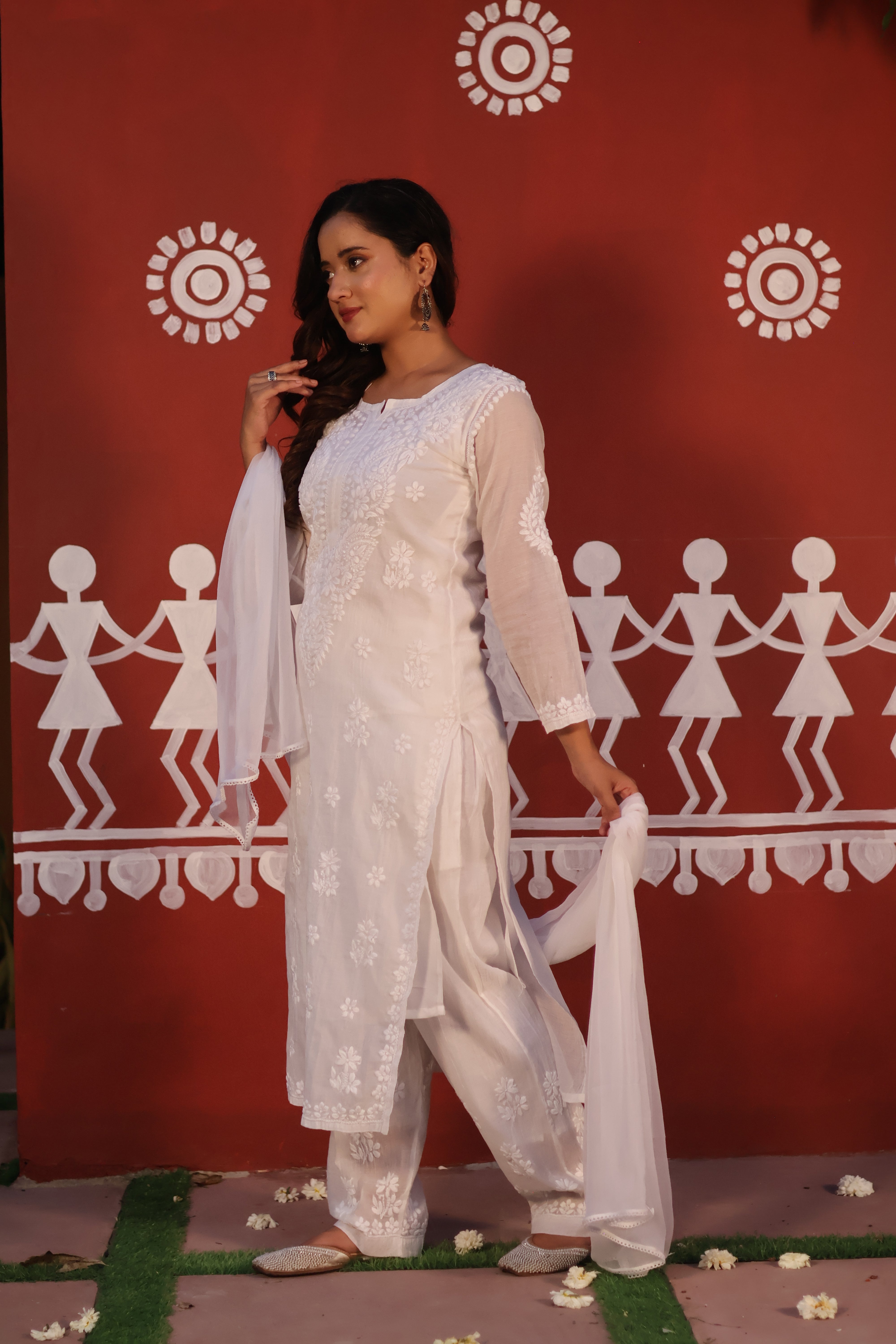 White Mul Chanderi Ghaspatti 3 Piece Set