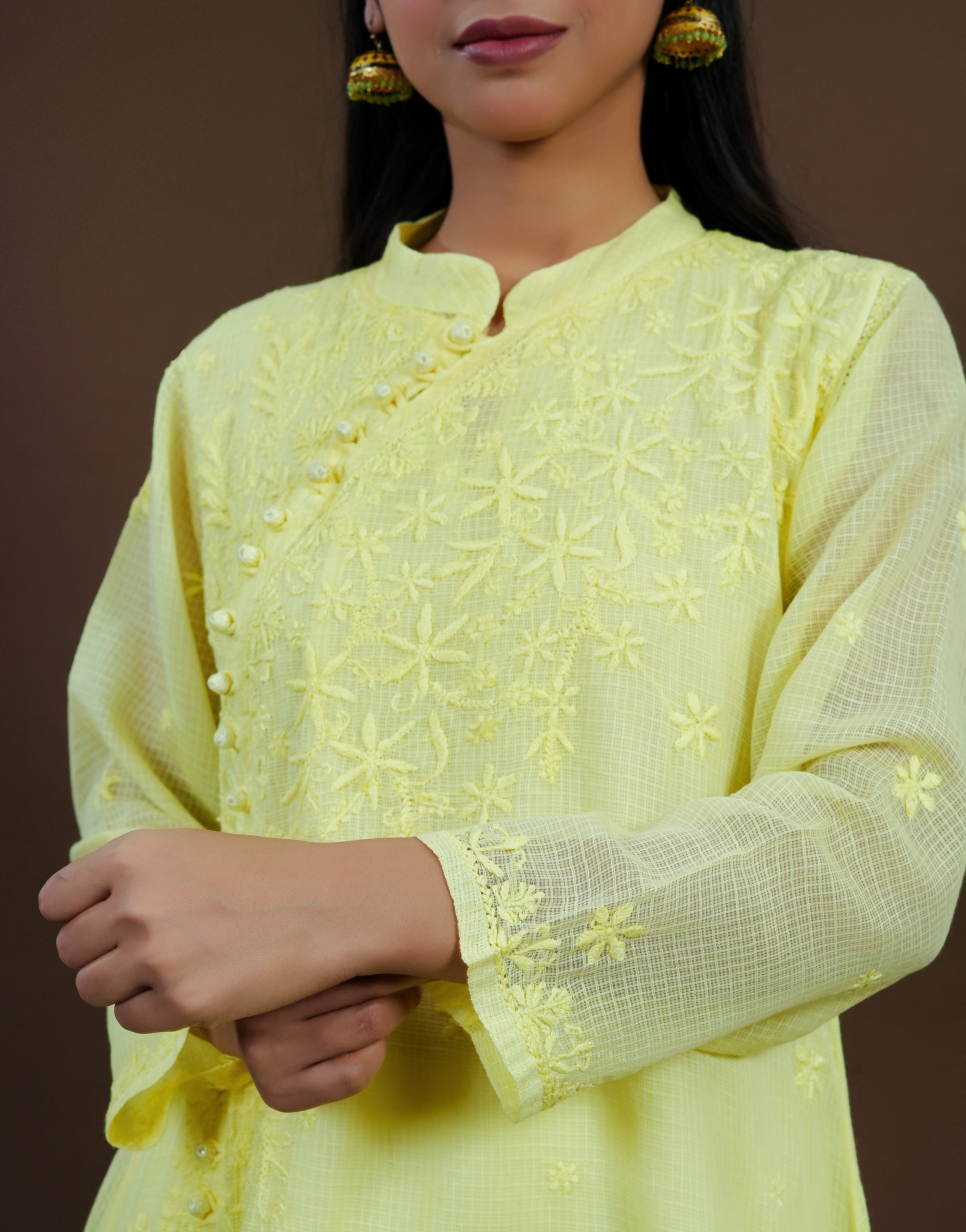 Urviya Chikankari Kota Doria Long Kurti - Side Button Yellow
