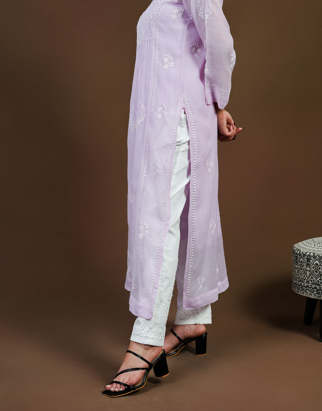Urviya Chikankari Mul Chanderi Long Kurti – Nyra Cut with Jaali Boota Purple