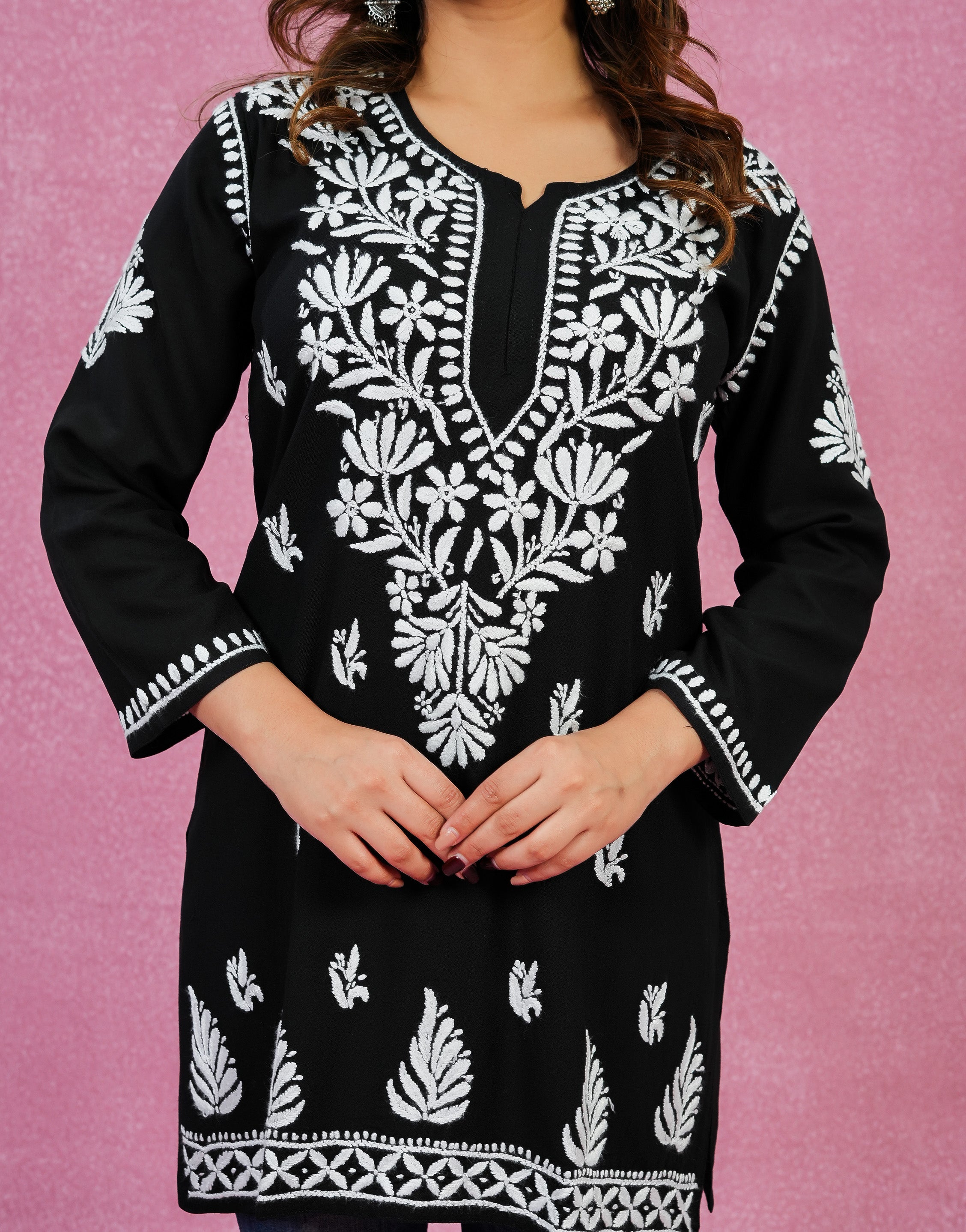 Chikankari Rayon Short Kurti - Black