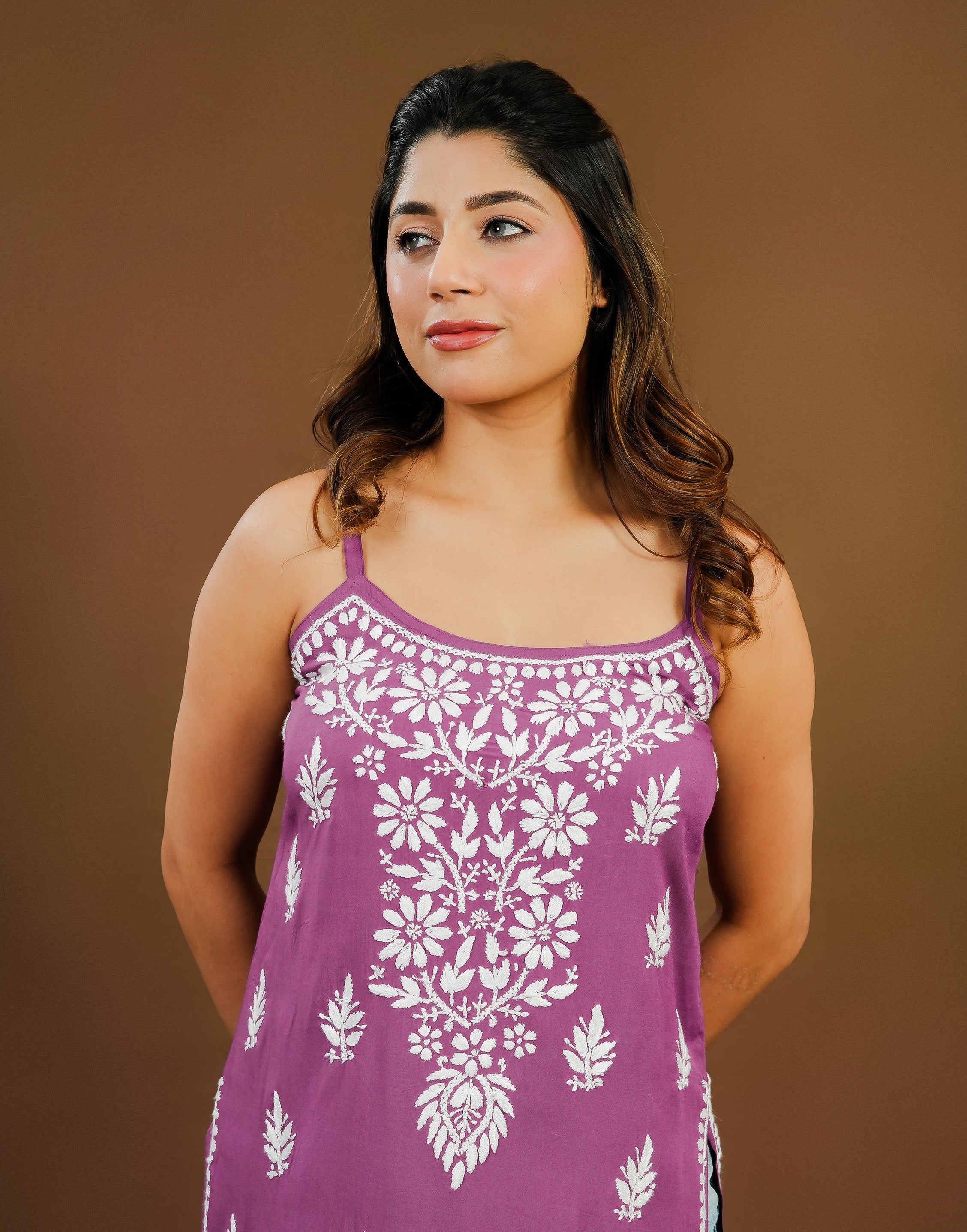 Chikankari Modal Spaghetti Strap Short Kurti - Purple