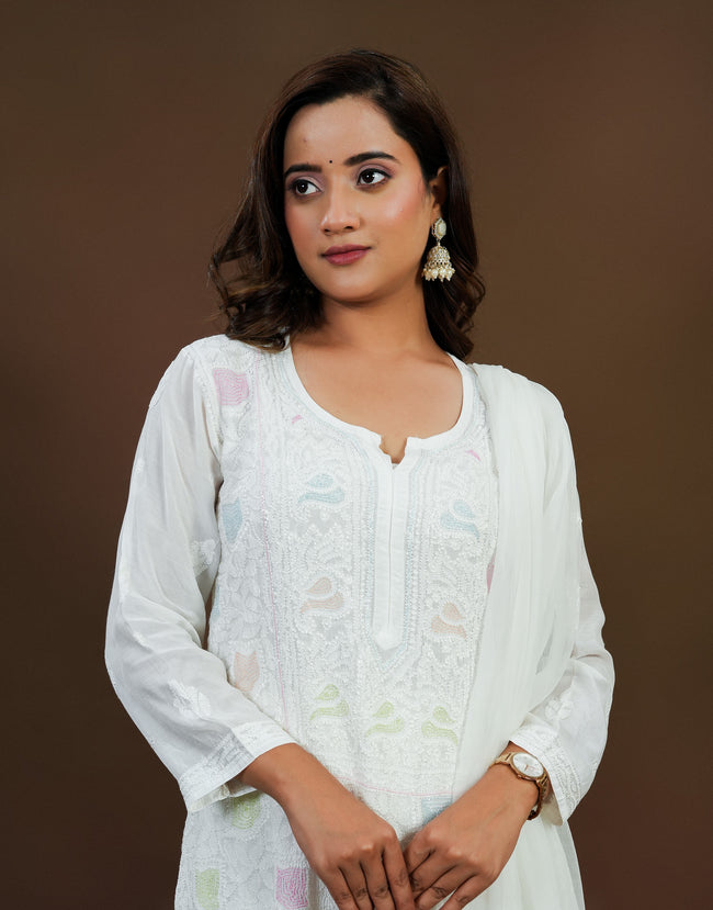 Urviya Chikankari Long Kurti Muslin - Cutdana & Colourful Jaal