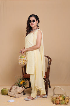 Yellow Chanderi Spaghetti Bakhiya 3 Piece Set