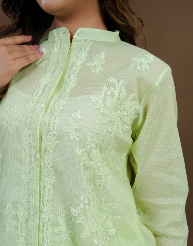 Urviya Chikankari Co-ord Set Maheshwari Cotton Light Green