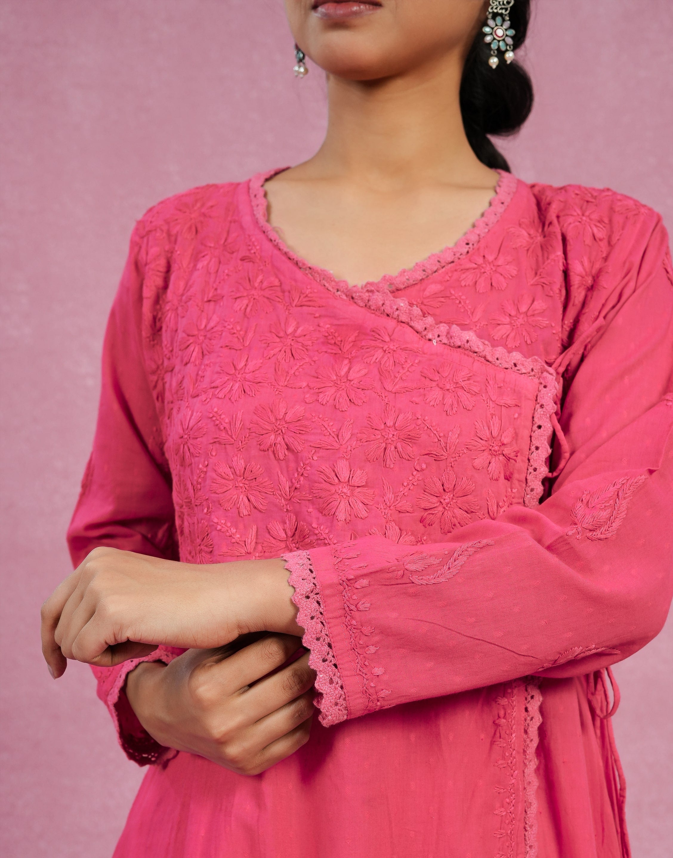 Urviya Chikankari Dobbie Cotton Long Kurti Angarkha Style Pink