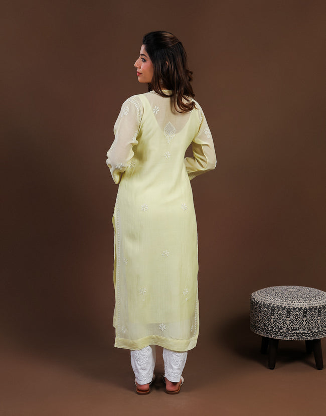 Urviya Chikankari Mul Chanderi Long Kurti – Nyra Cut with Jaali Boota Yellow
