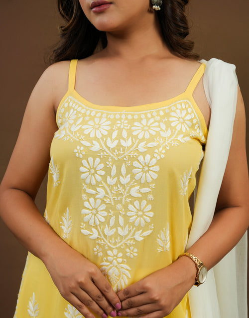 Urviya Chikankari Modal Short Kurti - Spaghetti Strap Top Yellow