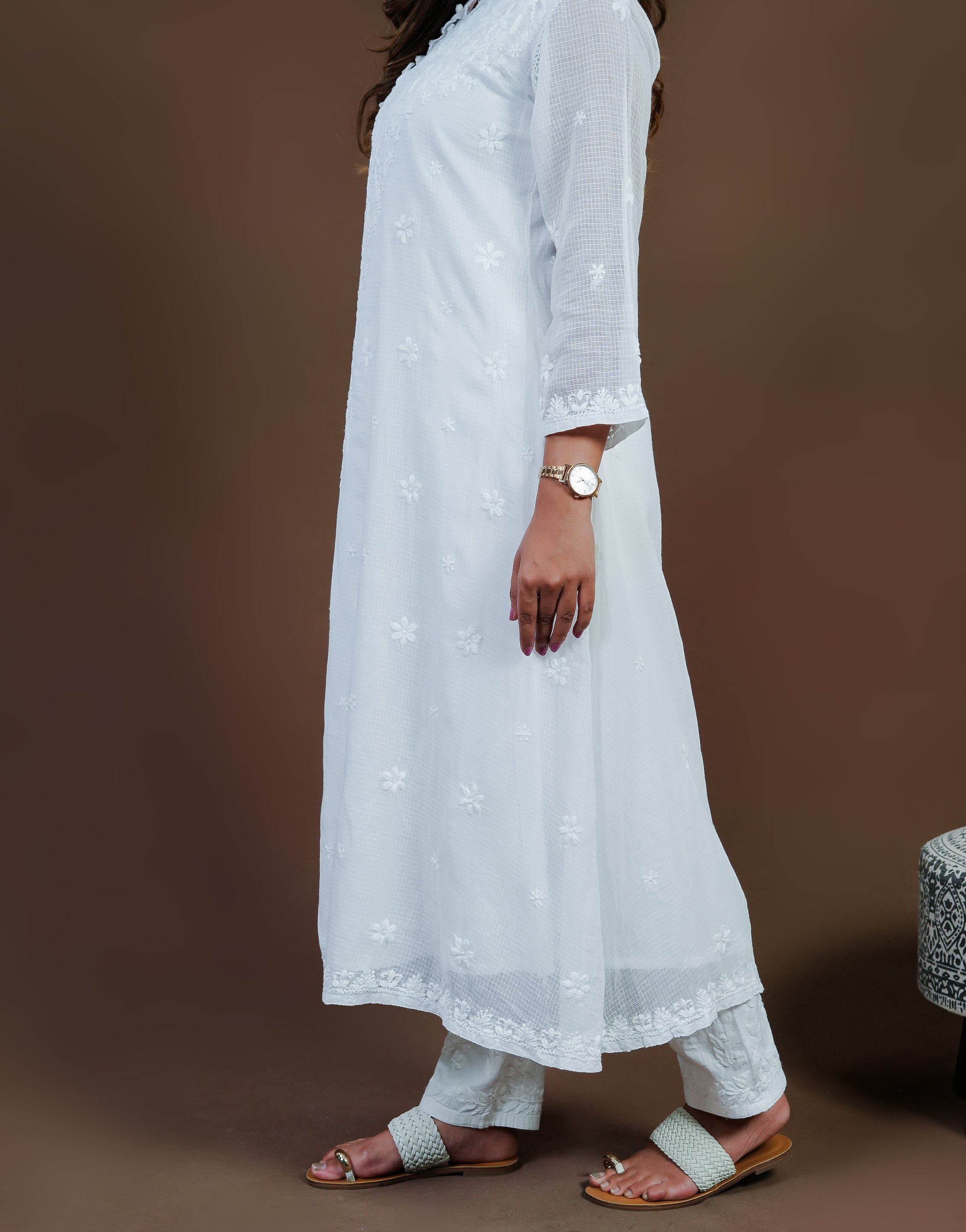 Urviya Chikankari Kota Doria Long Kurti - Side Button White
