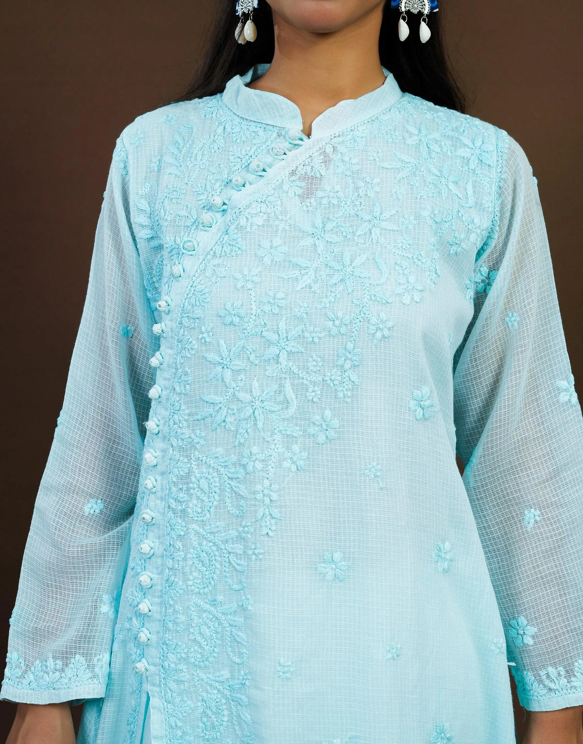 Blue Kota Doria Side Button Long Kurti Blue Kota Doria Side Button Long Kurti 