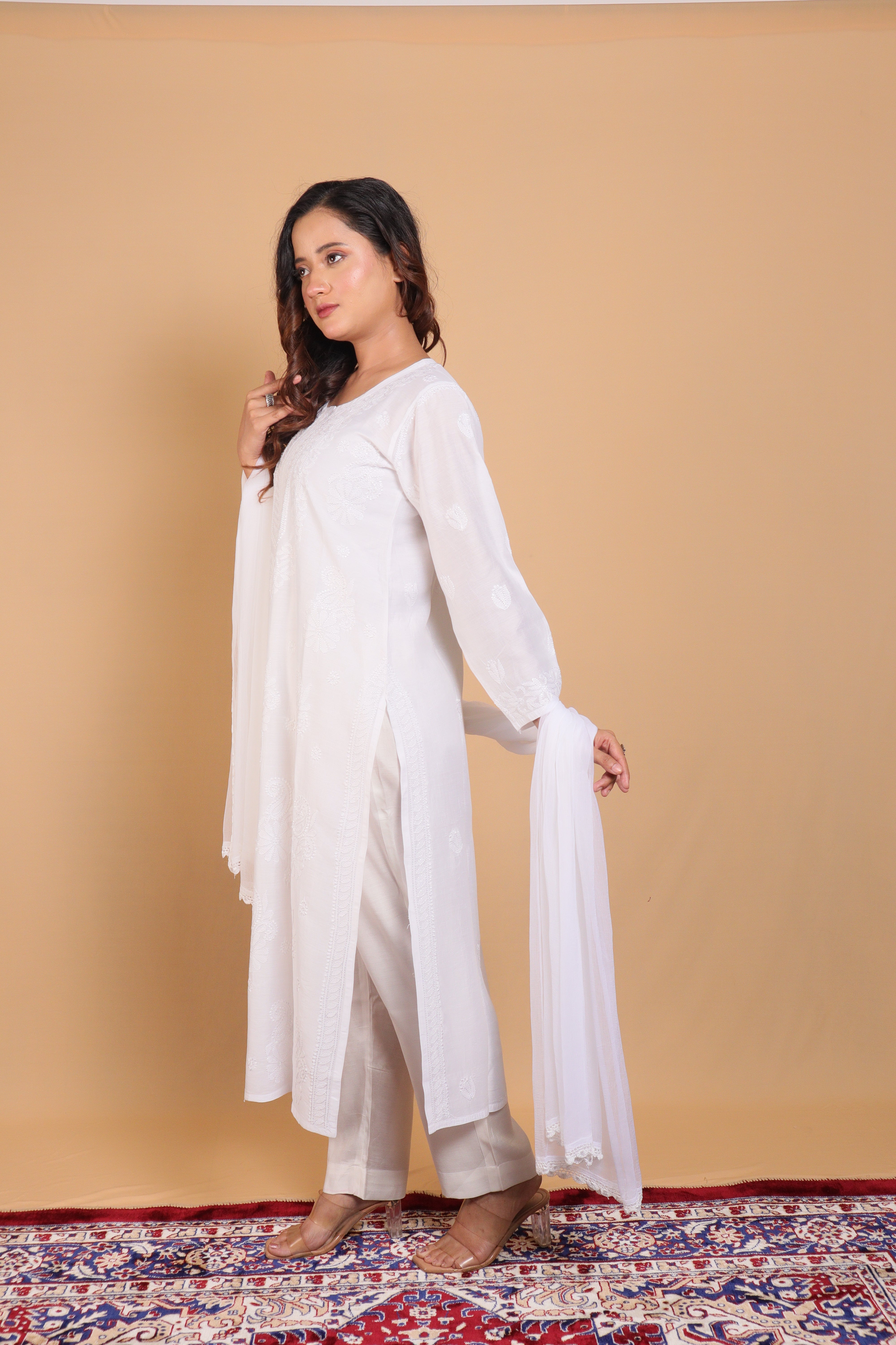 White Chanderi Long Kurti 3 Piece Set
