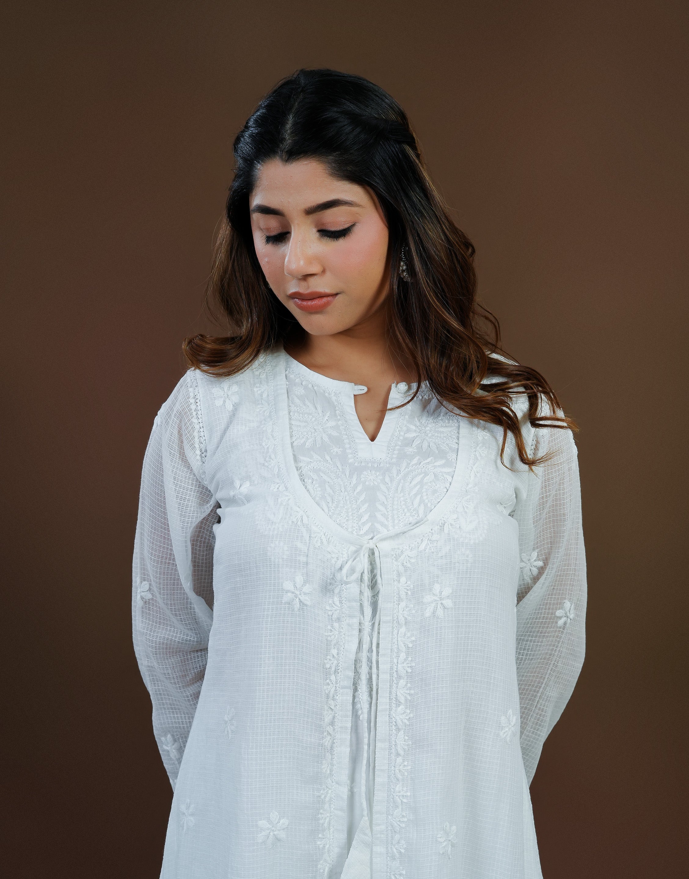 Urviya Chikankari Kota Doria Long Kurti - Shrug Style White