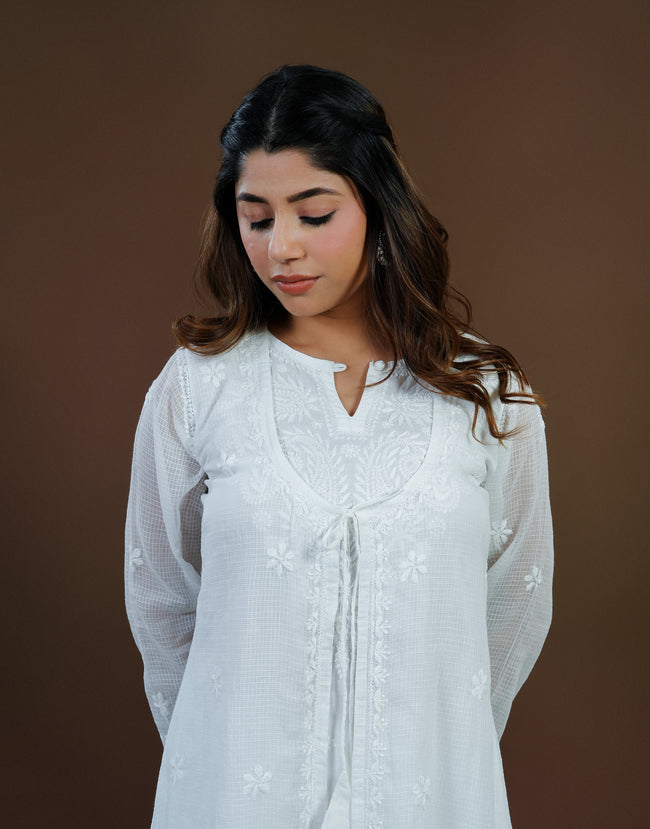 Urviya Chikankari Kota Doria Long Kurti - Shrug Style Green