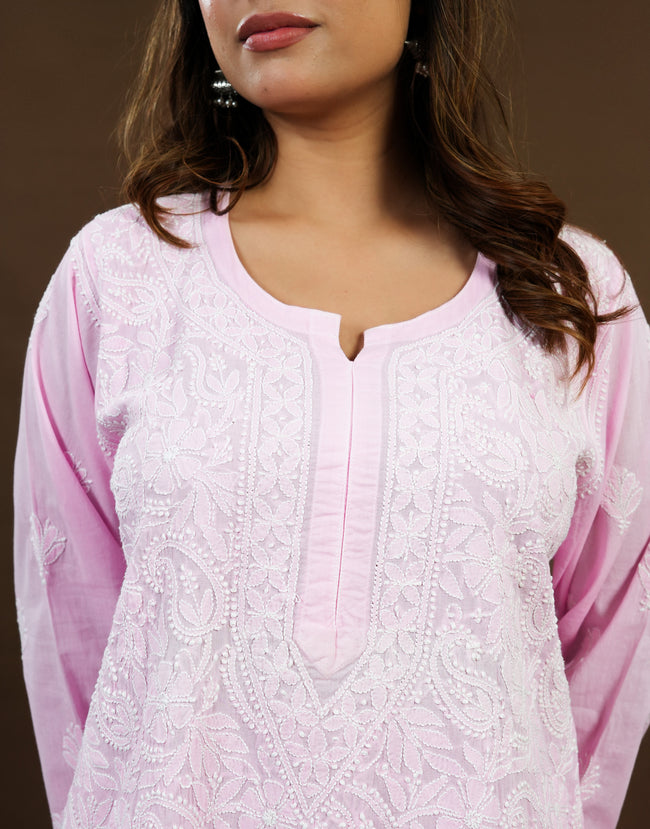 Urviya Chikankari Mul Cotton Long Kurti - Full Jaal Pink