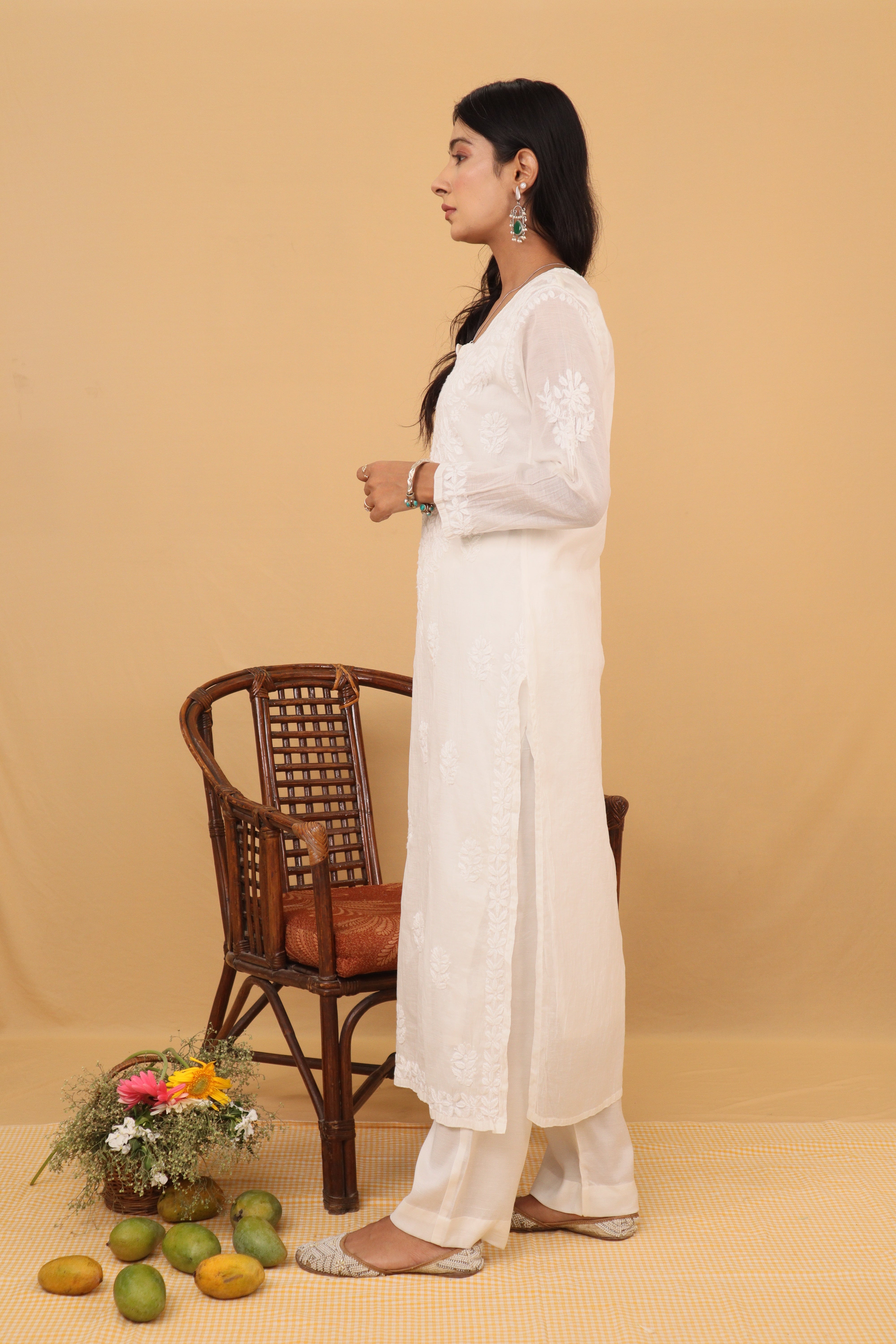 White Mul Chanderi Long Kurti 3 Piece Set