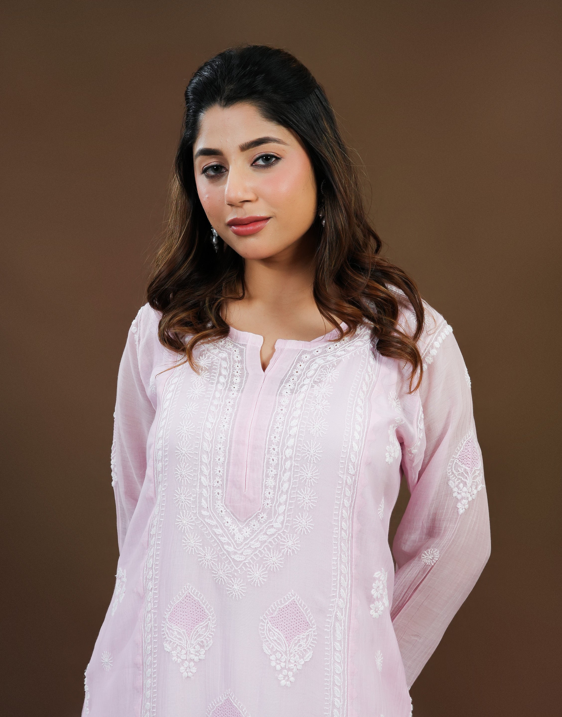 Urviya Chikankari Mul Chanderi Long Kurti – Straight Cut with Jaali Boota Pink