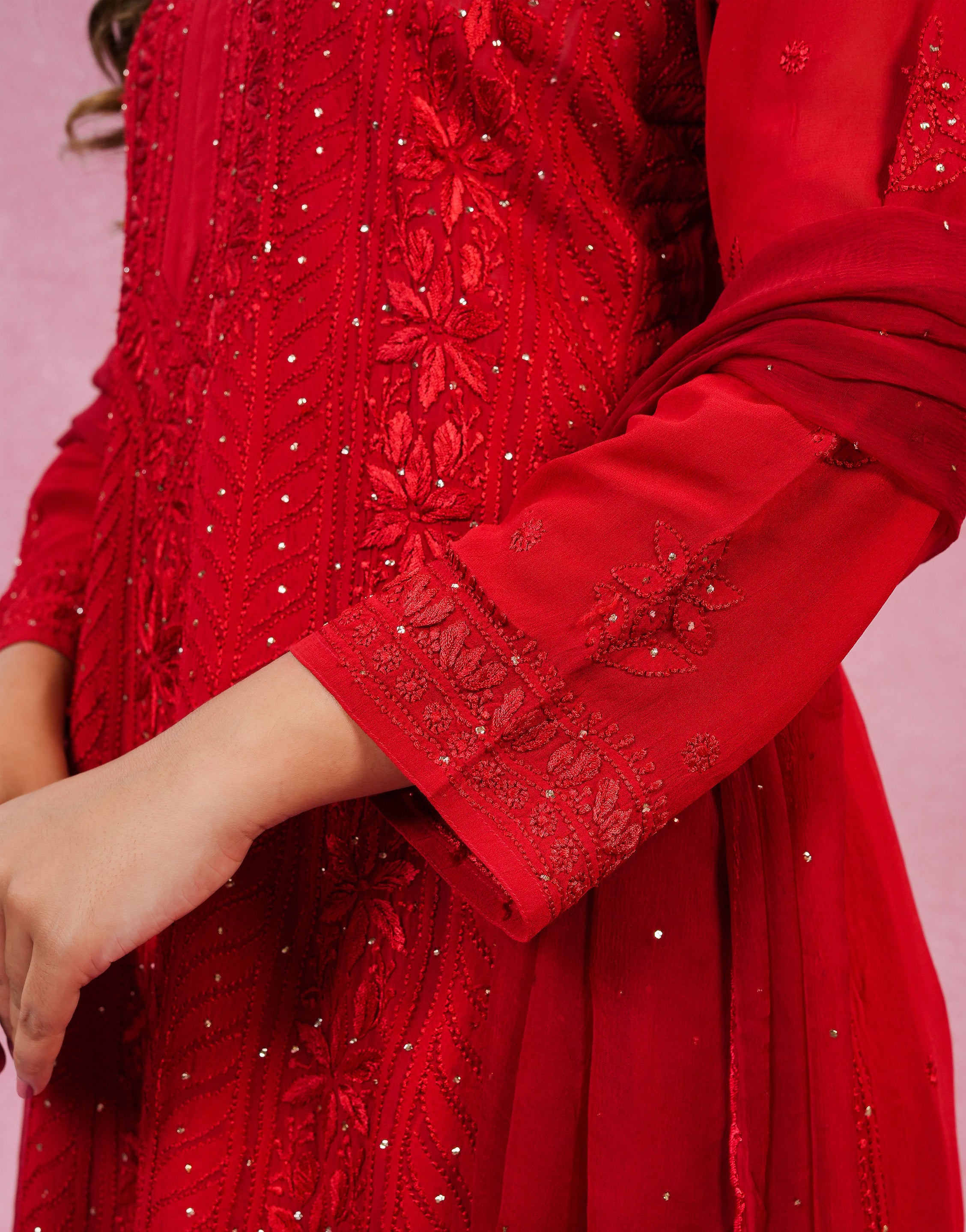 Urviya Red Viscose Georgette Chikankari Kurta Set with Mukaish Work (3 pc)