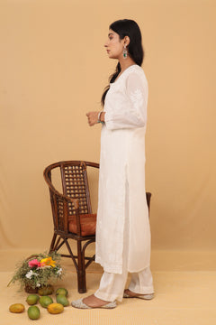 White Mul Chanderi Long Kurti 2 Piece Set