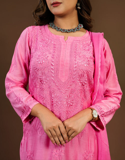 Urviya Chikankari Muslin 3 piece set - Bakhiya Ghaaspatti Work and Gala Boota Pink