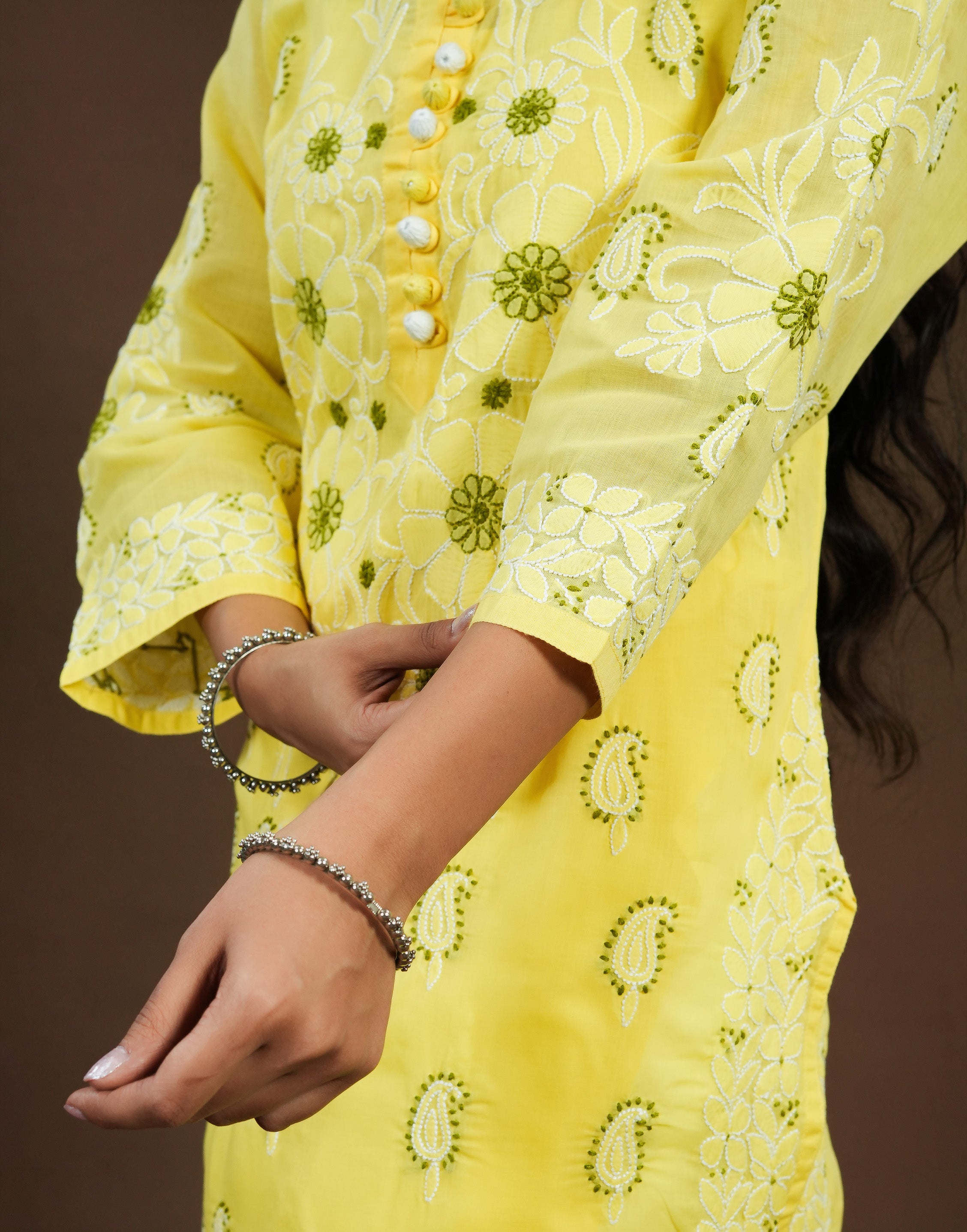 Yellow Cotton Coloured thread Long Kurti