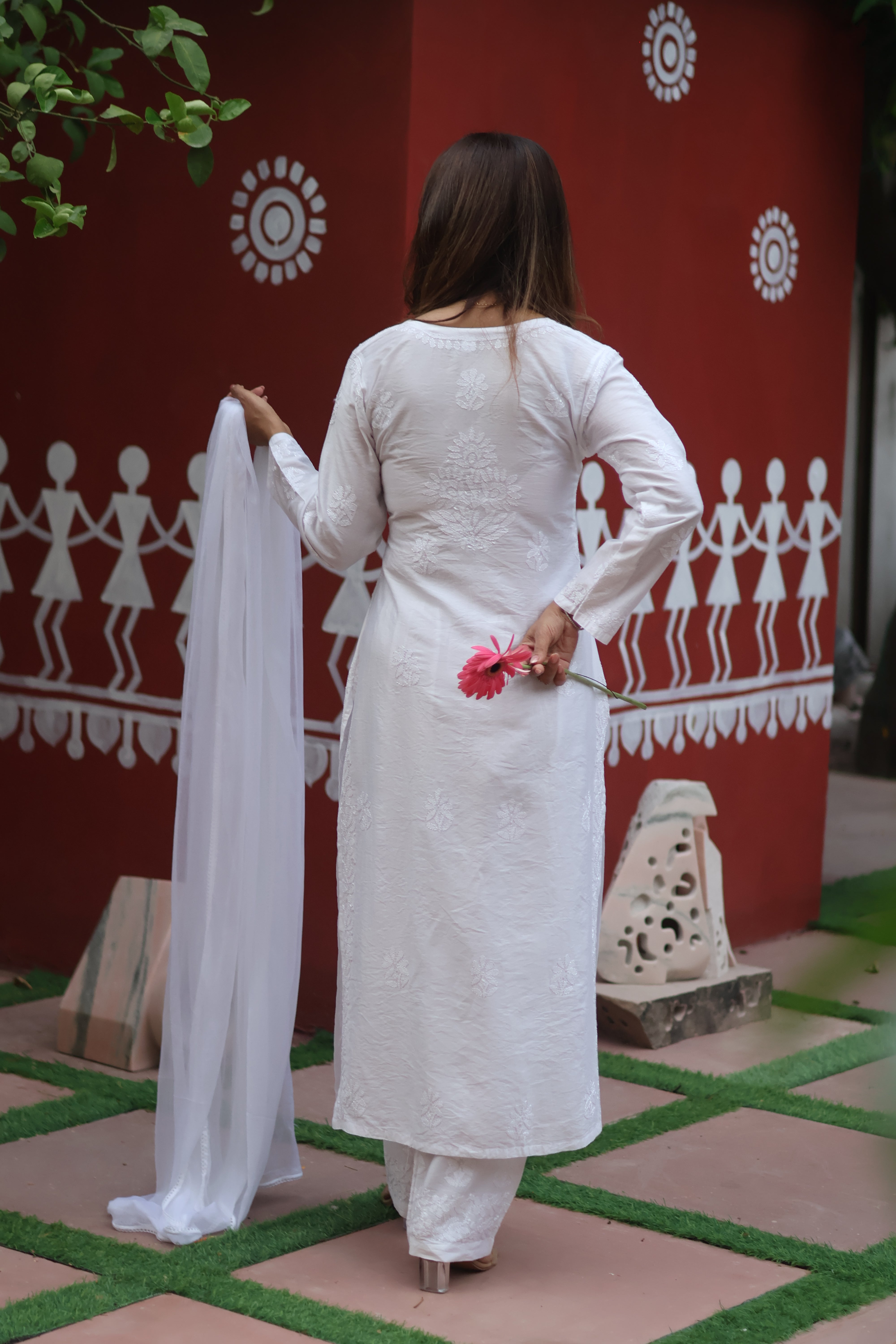 White Chanderi Bakhiya 3 Piece Set