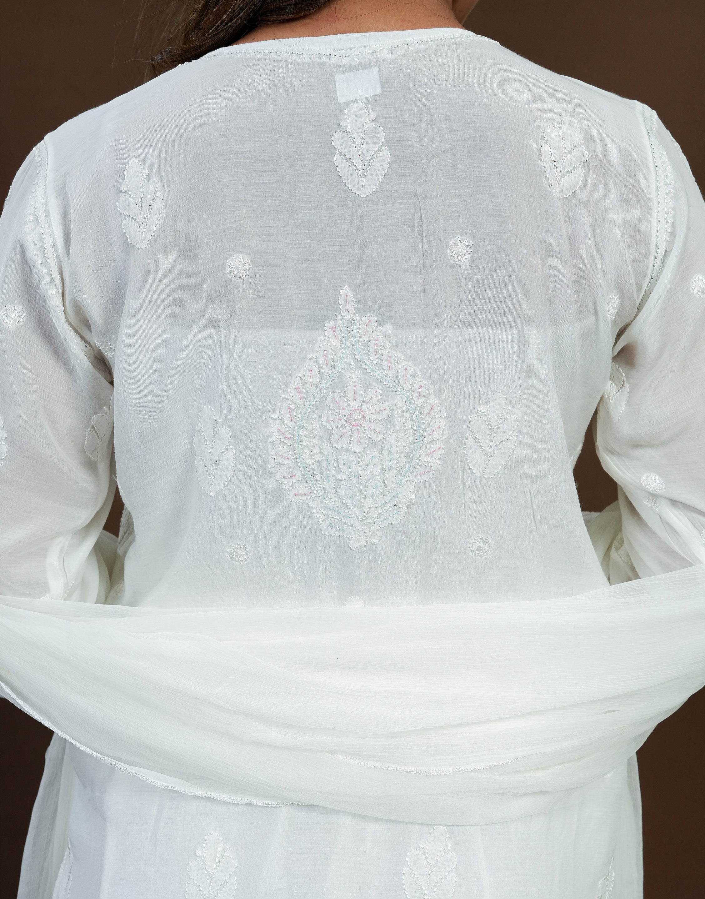 White Muslin Colourful Cutdaana Long Kurti