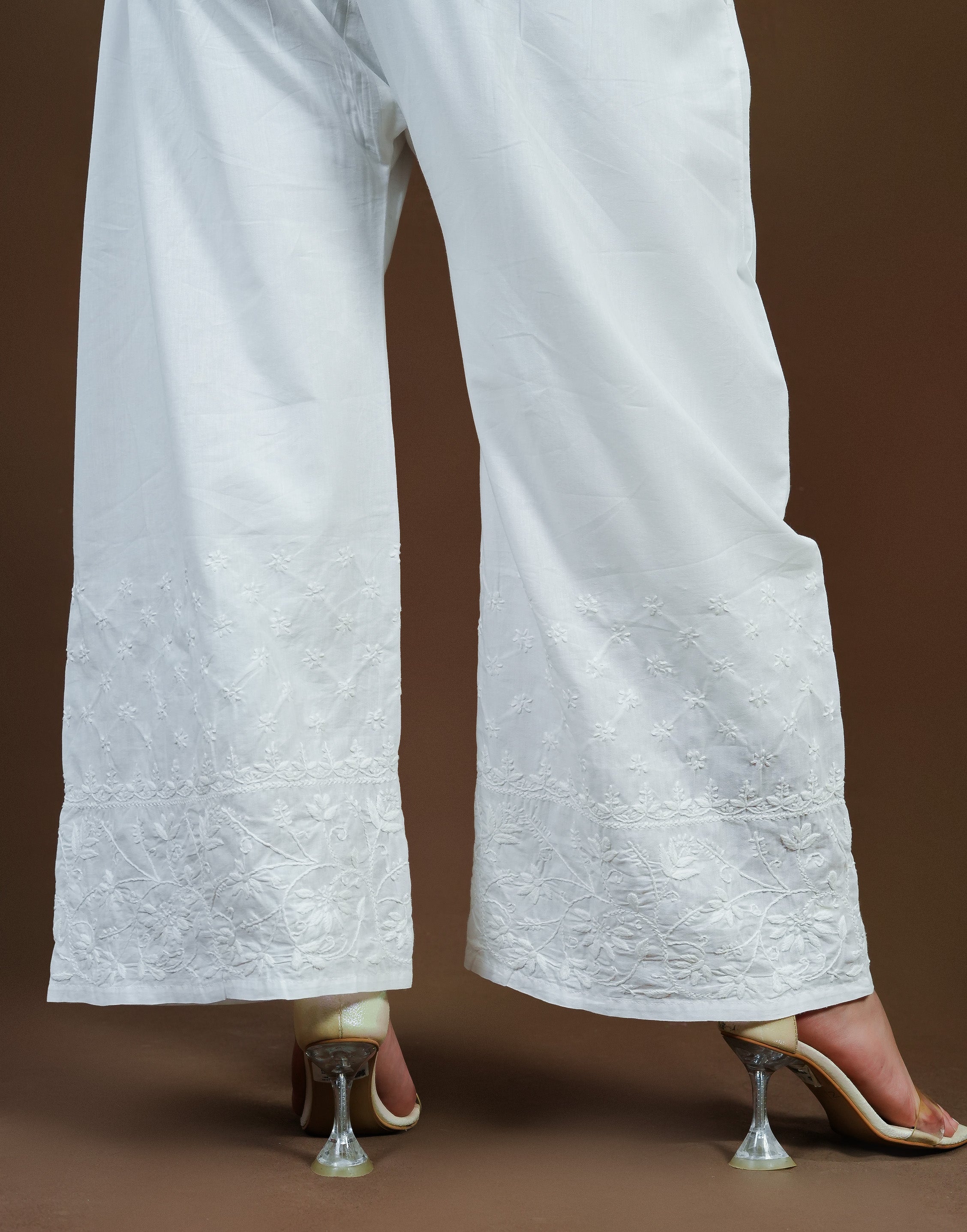 Urviya Chikankari Cotton Bottoms - Pallazo White