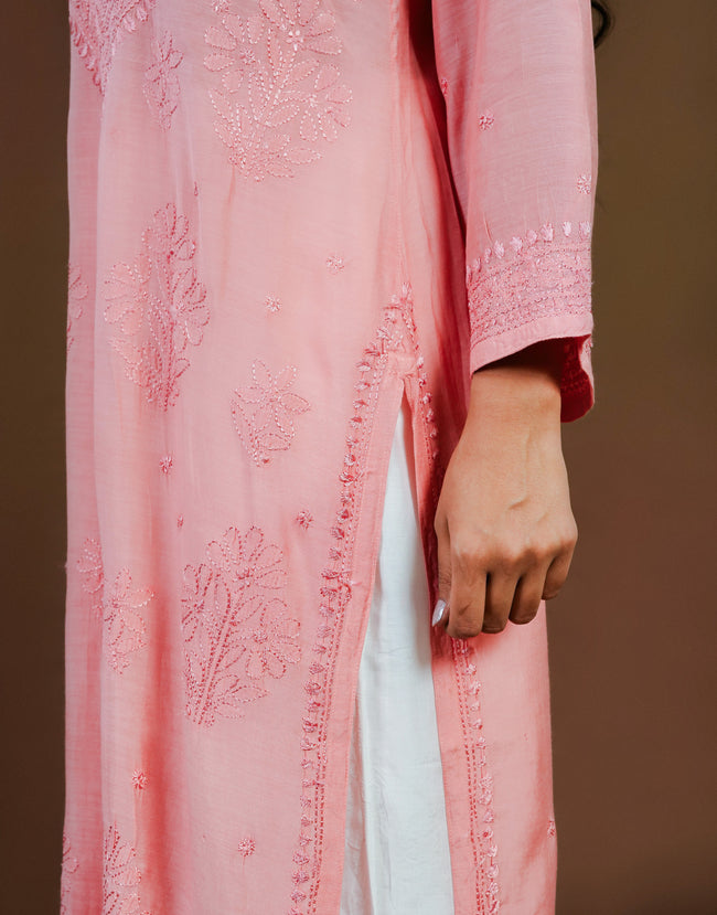 Urviya Chikankari Muslin Long Kurti - Ghaspatti Gala Bakhiya Boota Peach