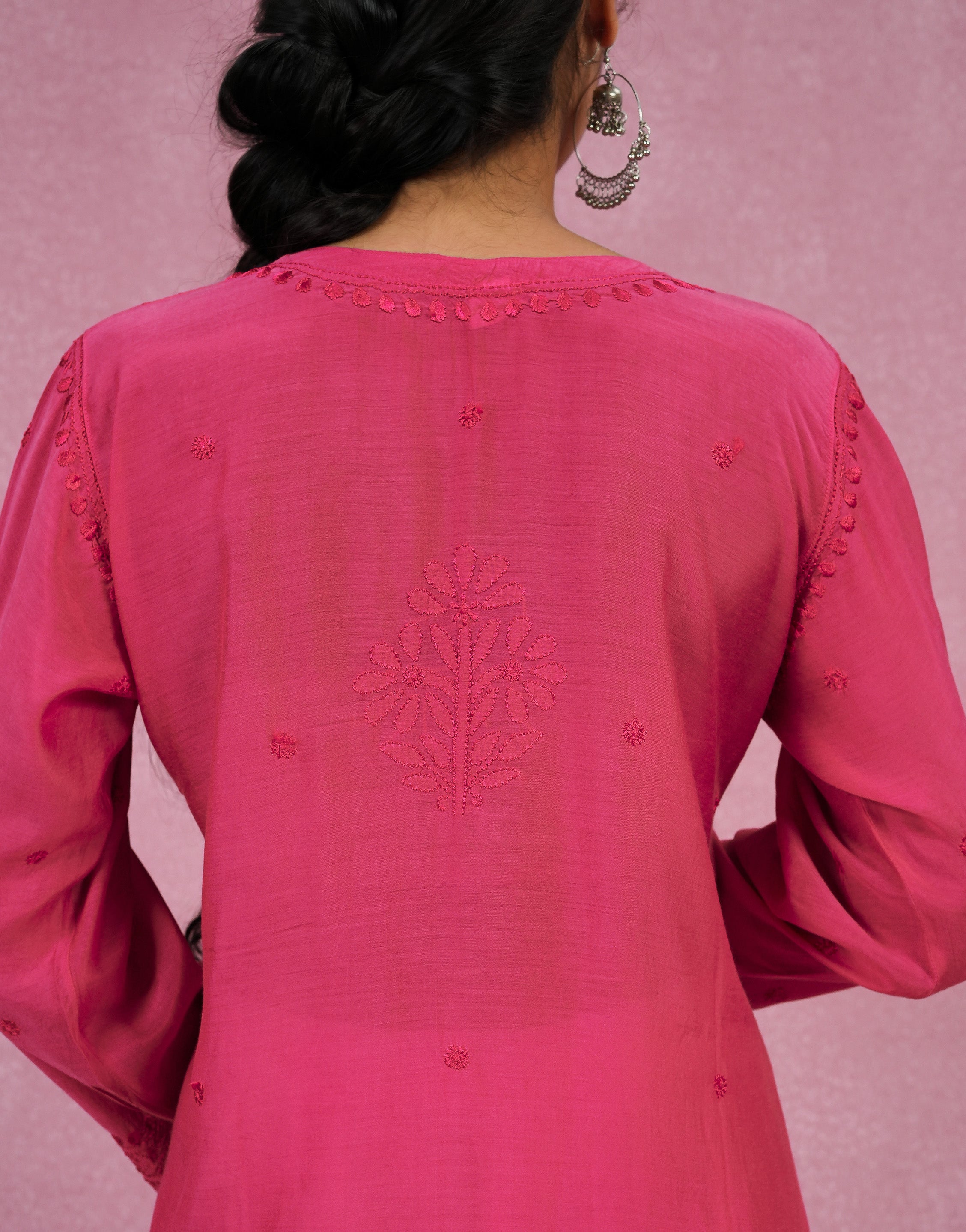 Urviya Hot Pink Muslin Chikankari Long Kurti with Ghaaspatti, Bakhiya & Gala Boota Work