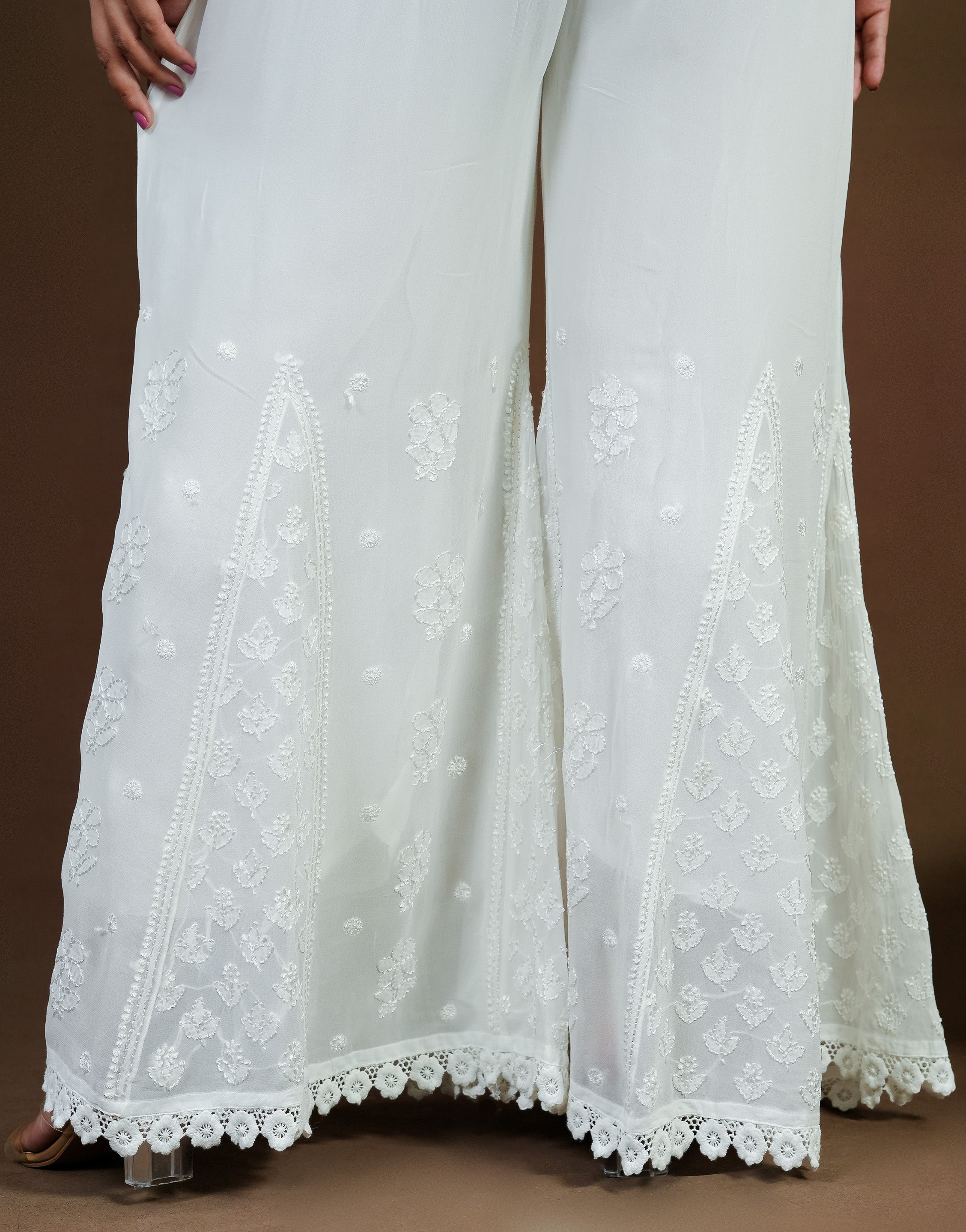 Urviya Chikankari Viscose Georgette Bottoms with Crochet - Sharara White