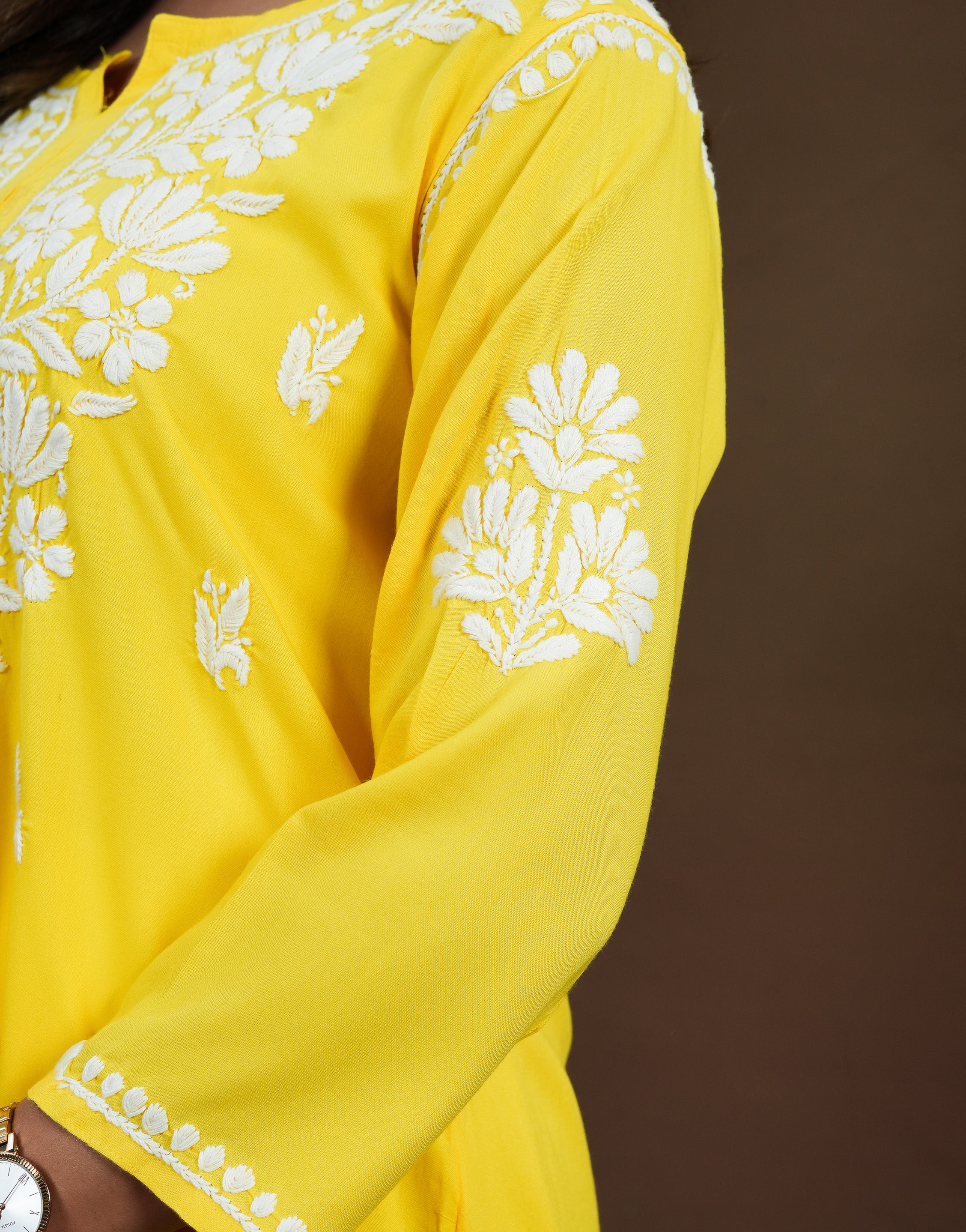 Chikankari Rayon Short Kurti - Yellow