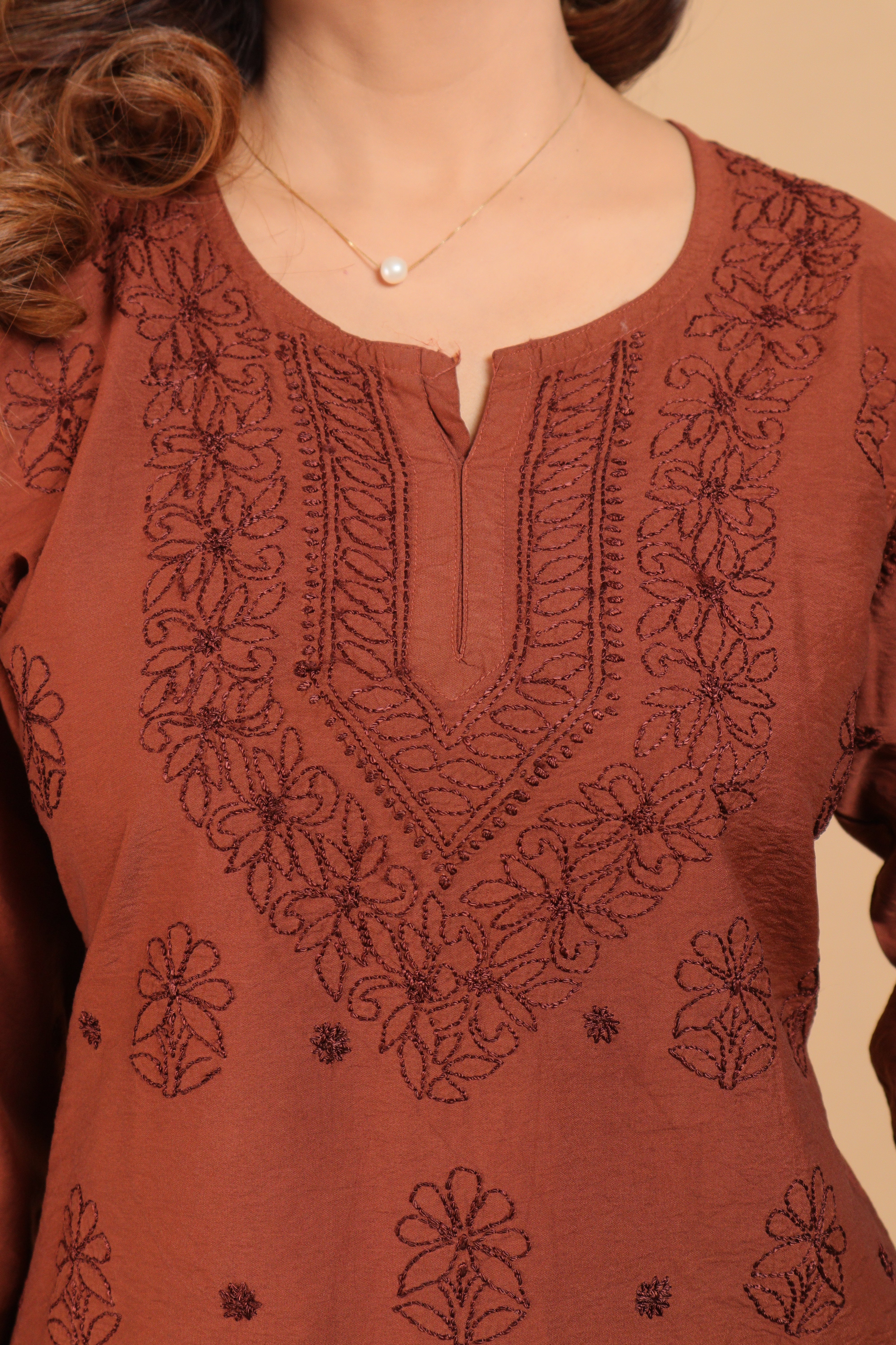 Brown Chanderi Short Kurti 2 Piece Set