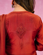 Urviya Chikankari Muslin 3 piece set - Bakhiya Ghaaspatti Work and Gala Boota Brick Red