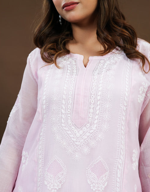 Urviya Chikankari Mul Chanderi Long Kurti – Straight Cut with Jaali Boota Light Purple